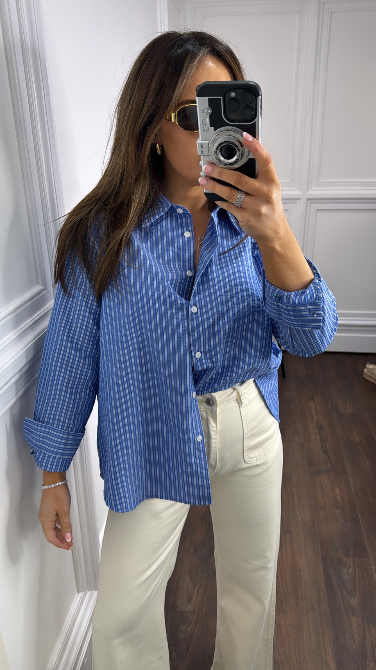 RHEA blue open back stripe shirt