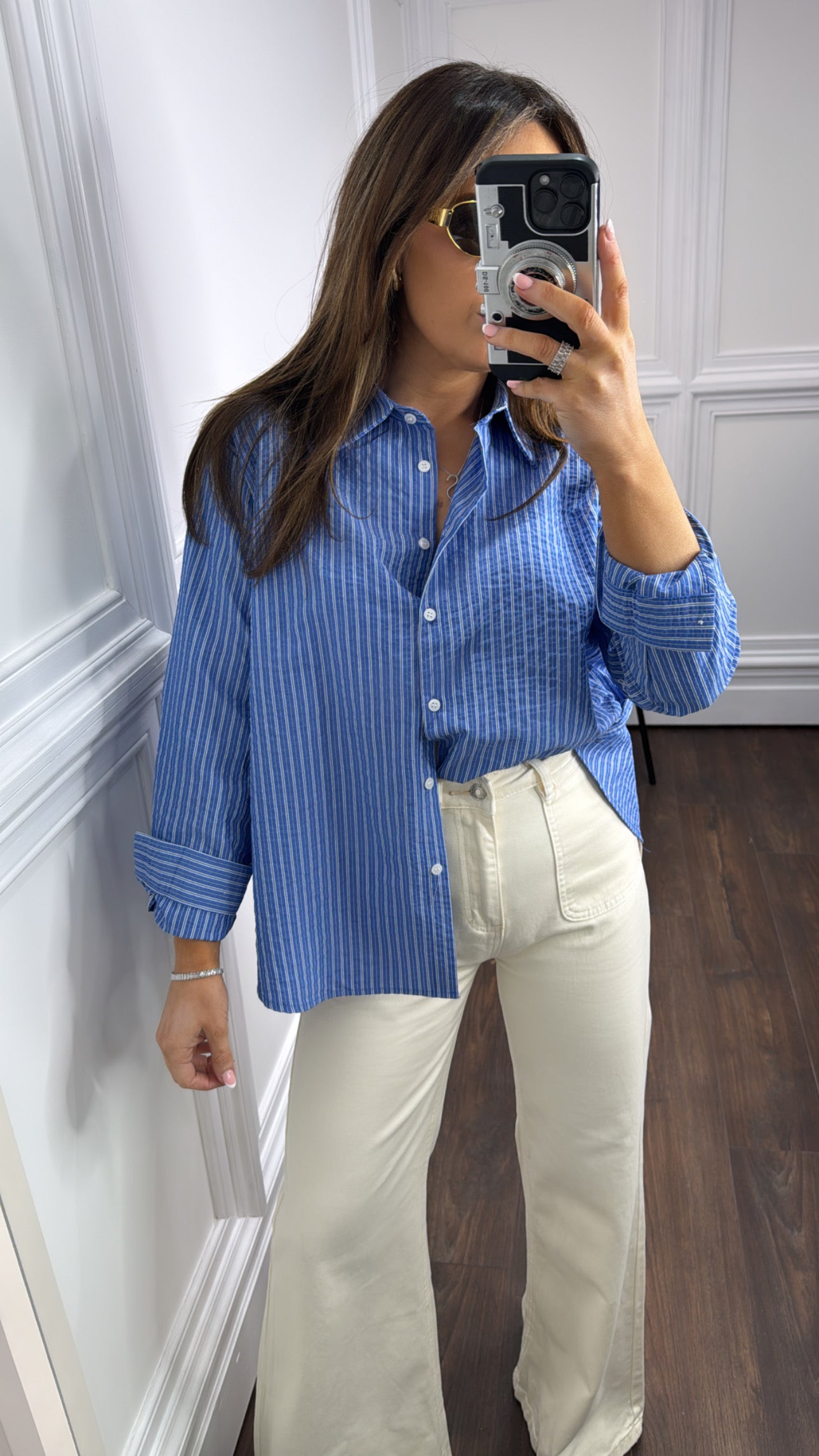 RHEA blue open back stripe shirt