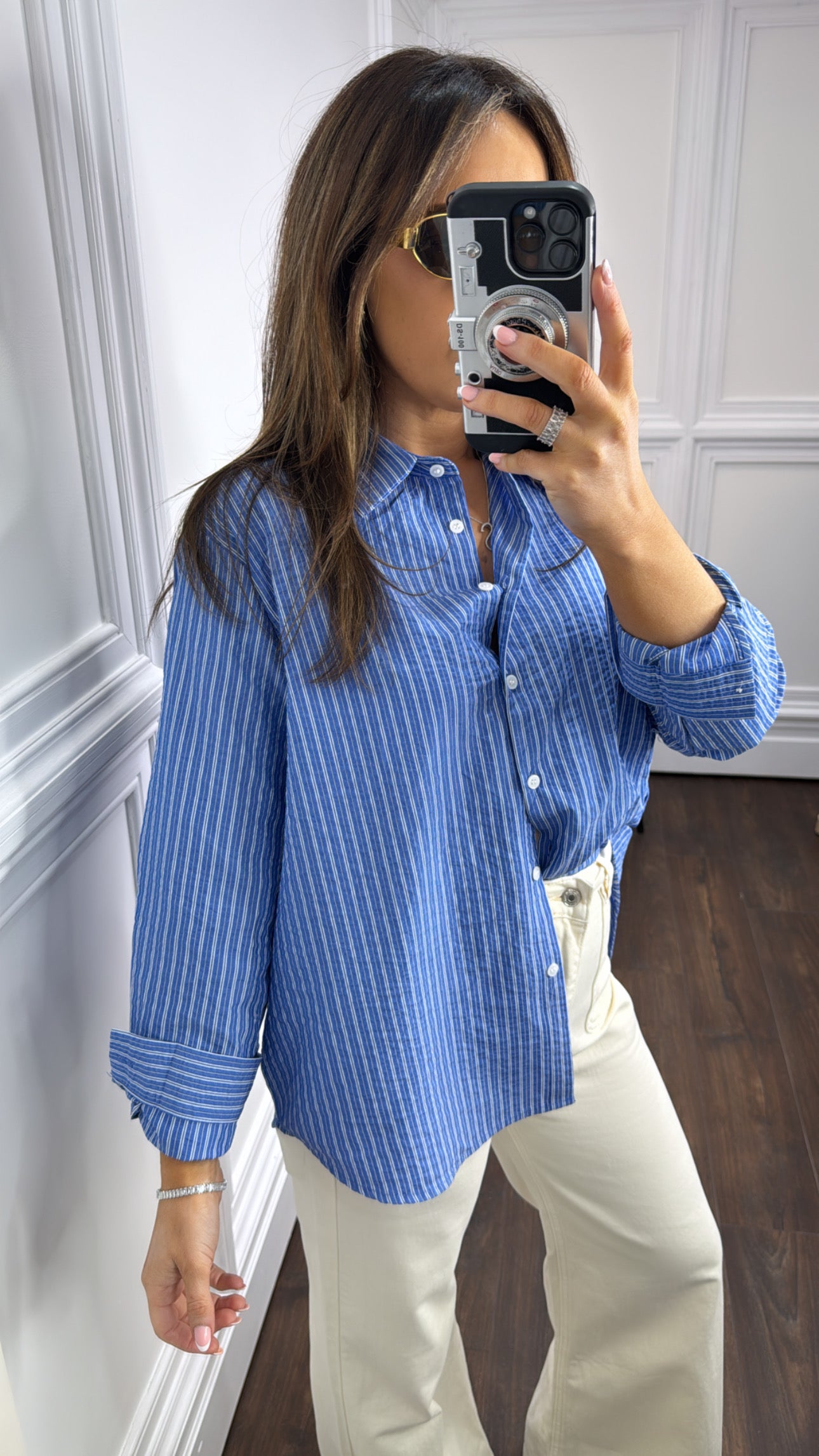 RHEA blue open back stripe shirt