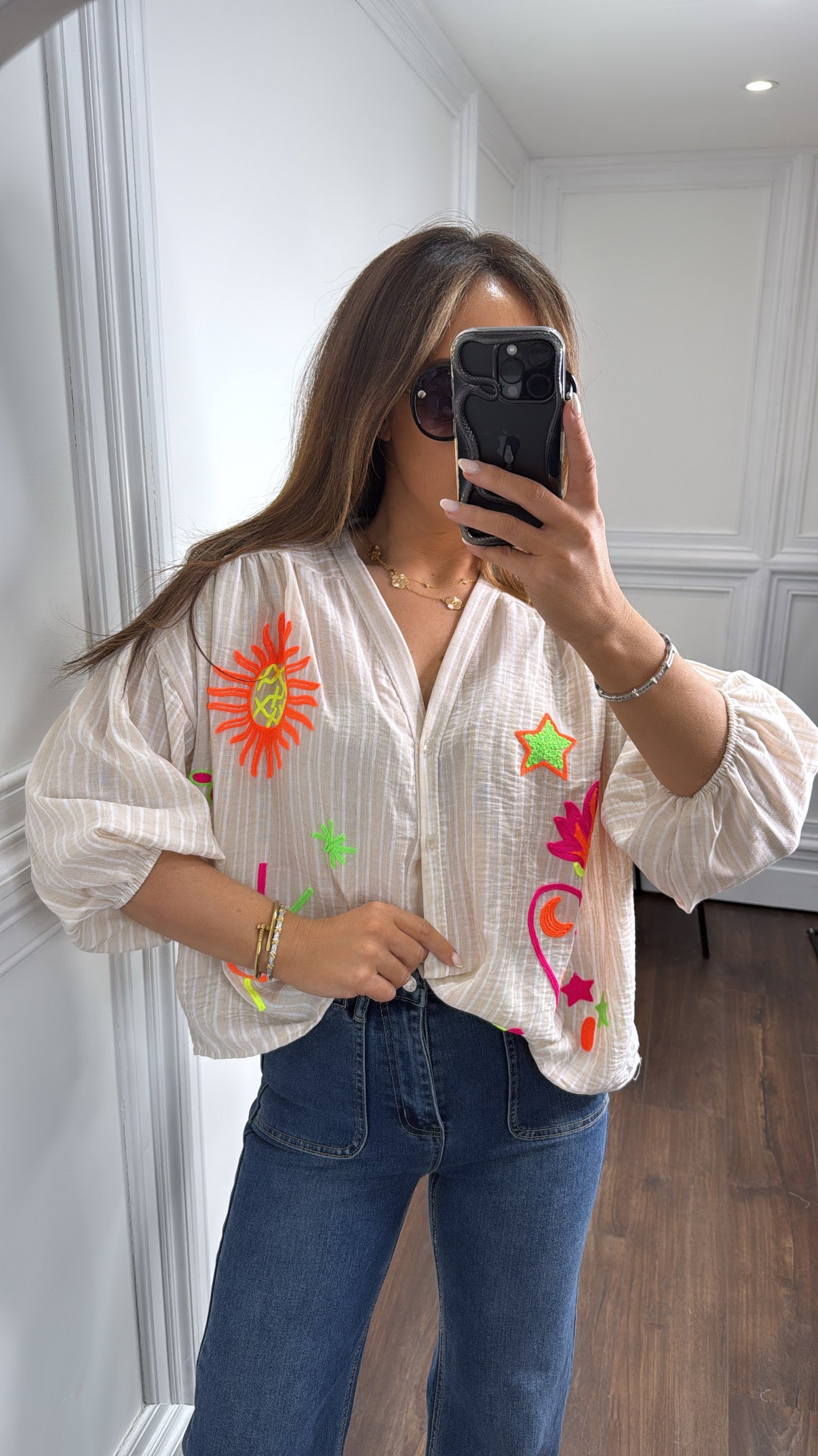 ERIN beige stripe embroidered blouse