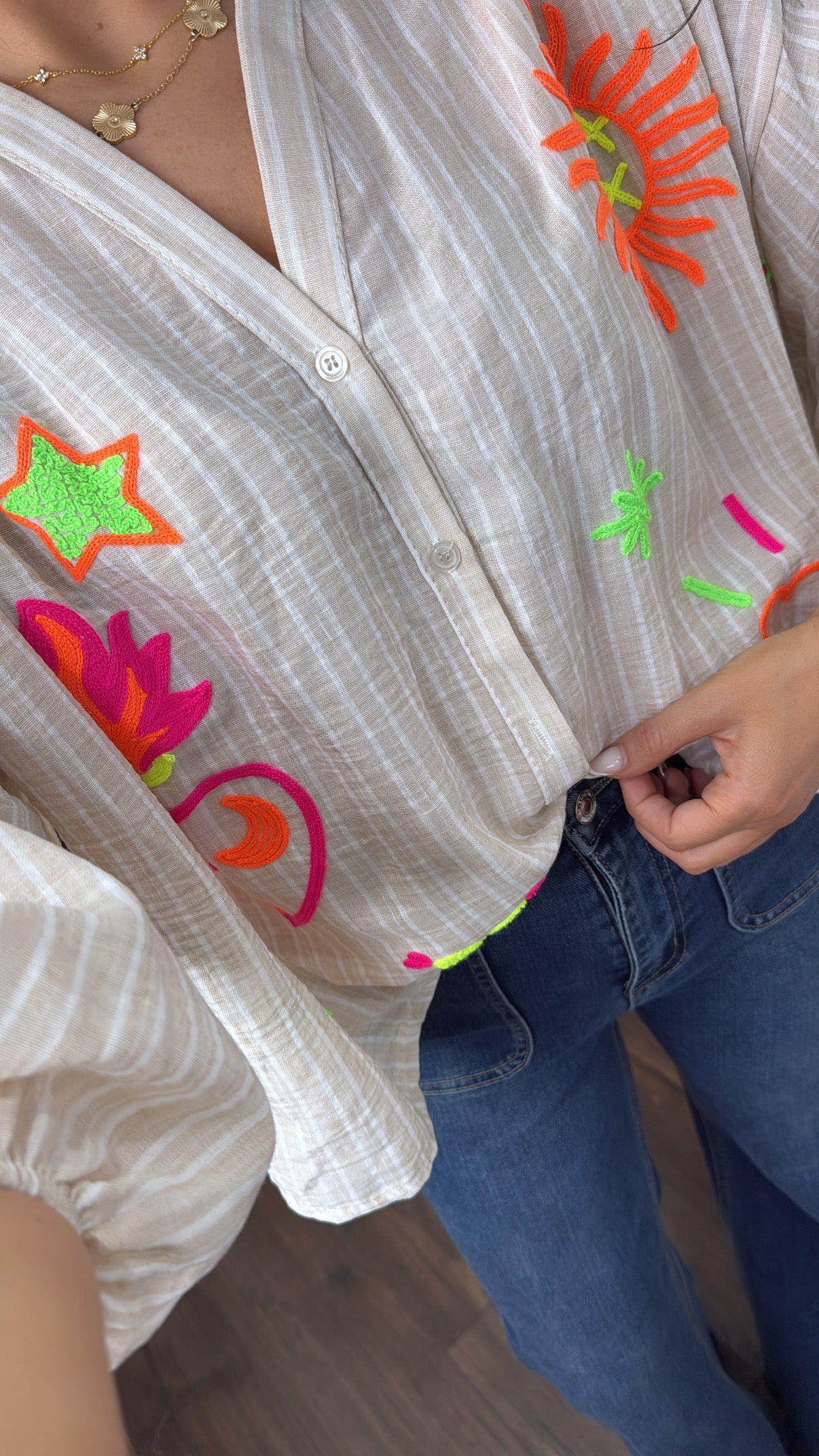 ERIN beige stripe embroidered blouse