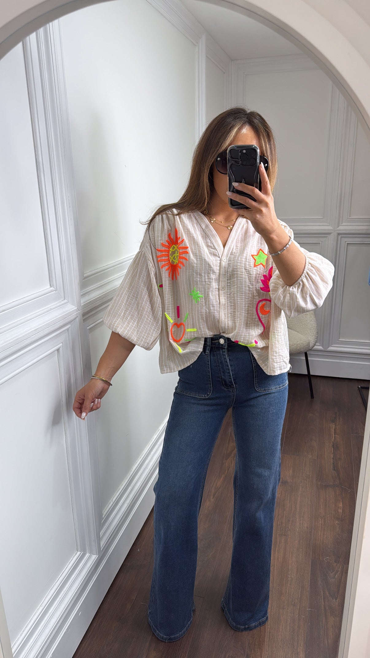 ERIN beige stripe embroidered blouse