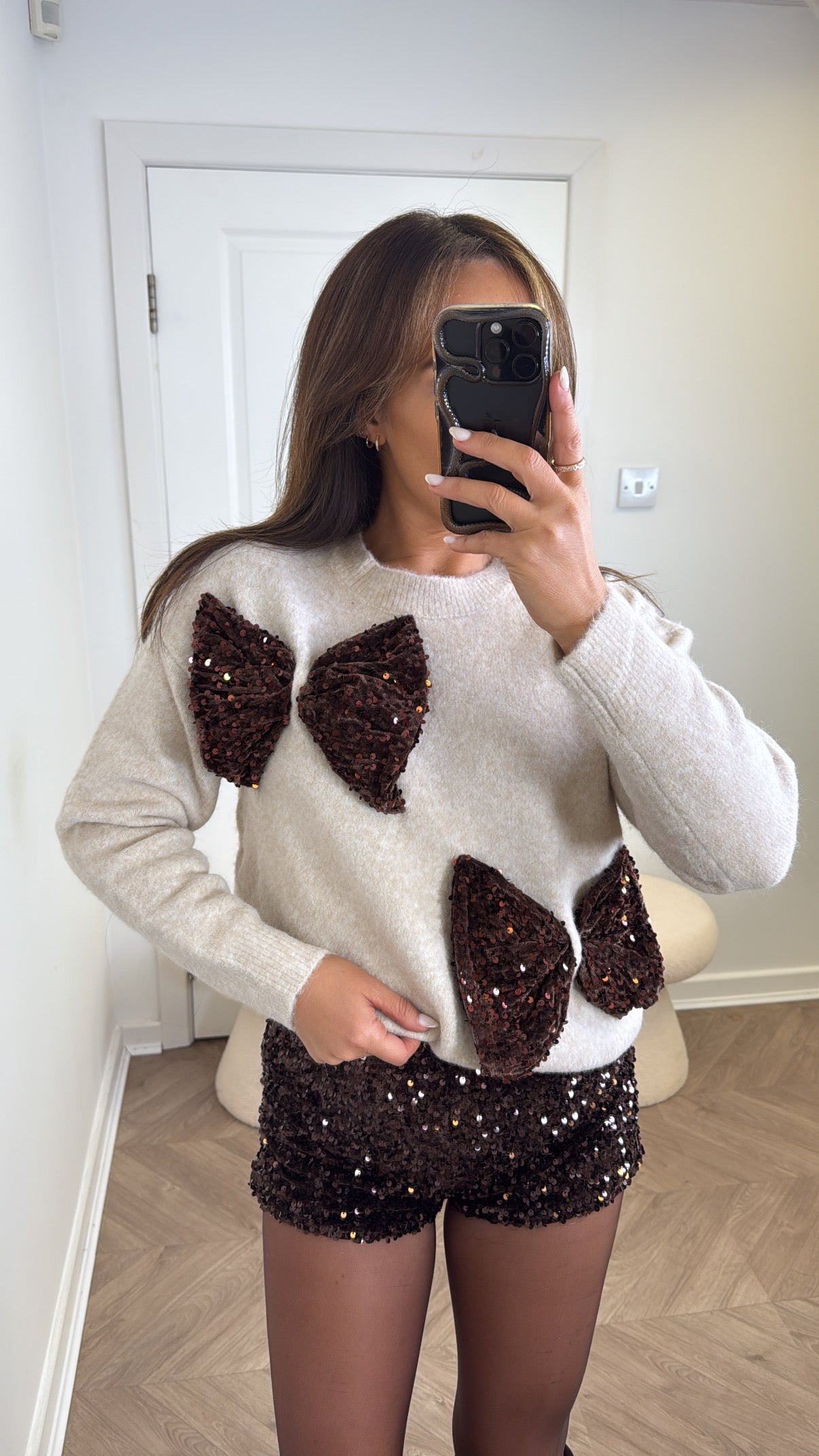 AMIEE beige soft knit jumper with sequin bows