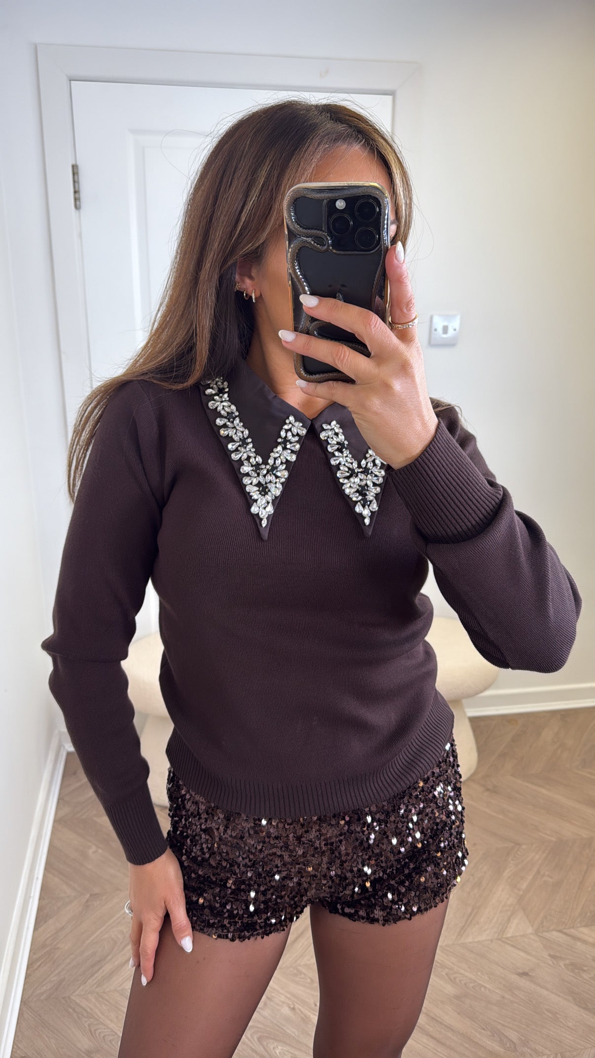 CHLOE brown jumper with jewel detail collar