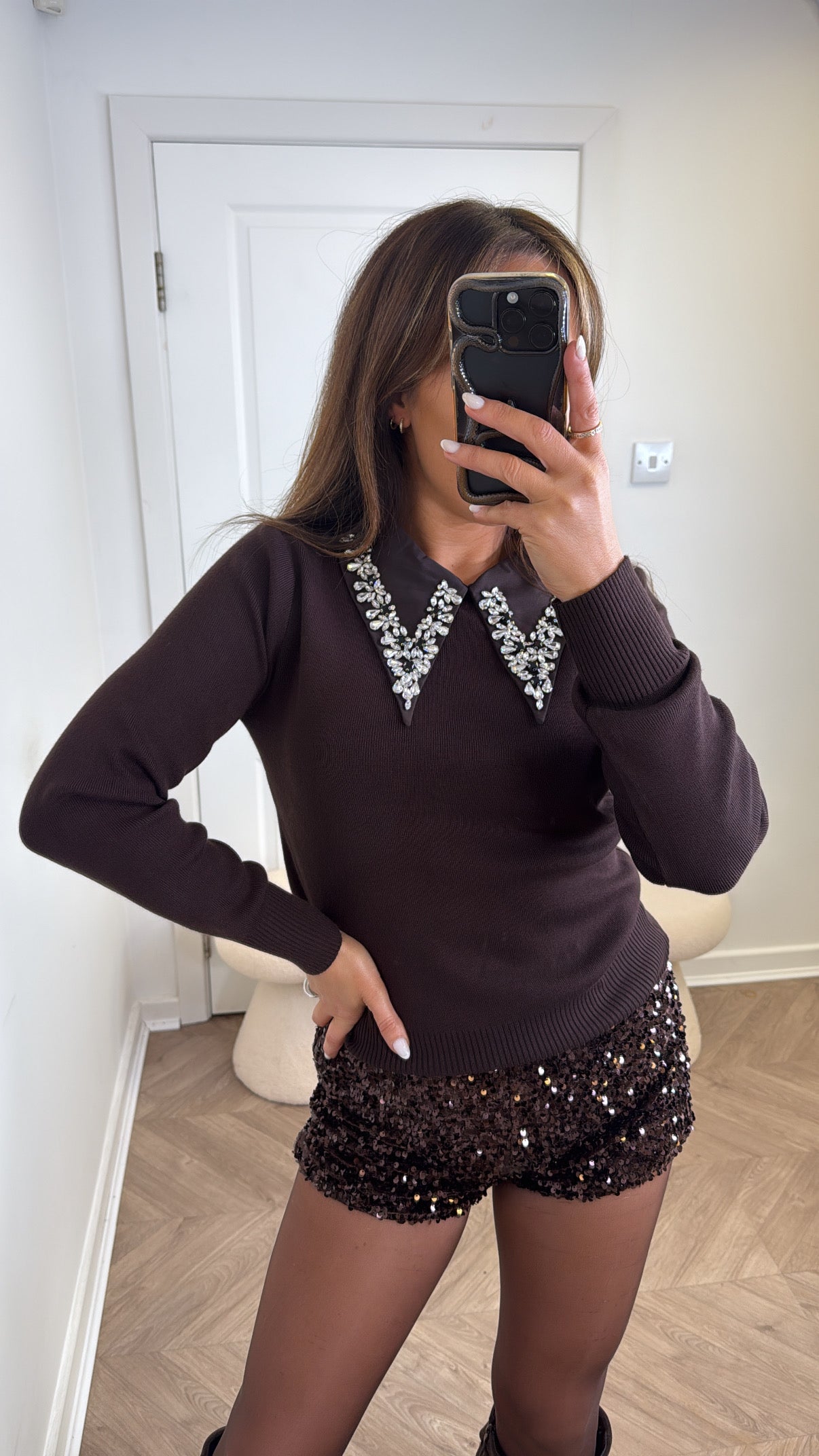 CHLOE brown jumper with jewel detail collar
