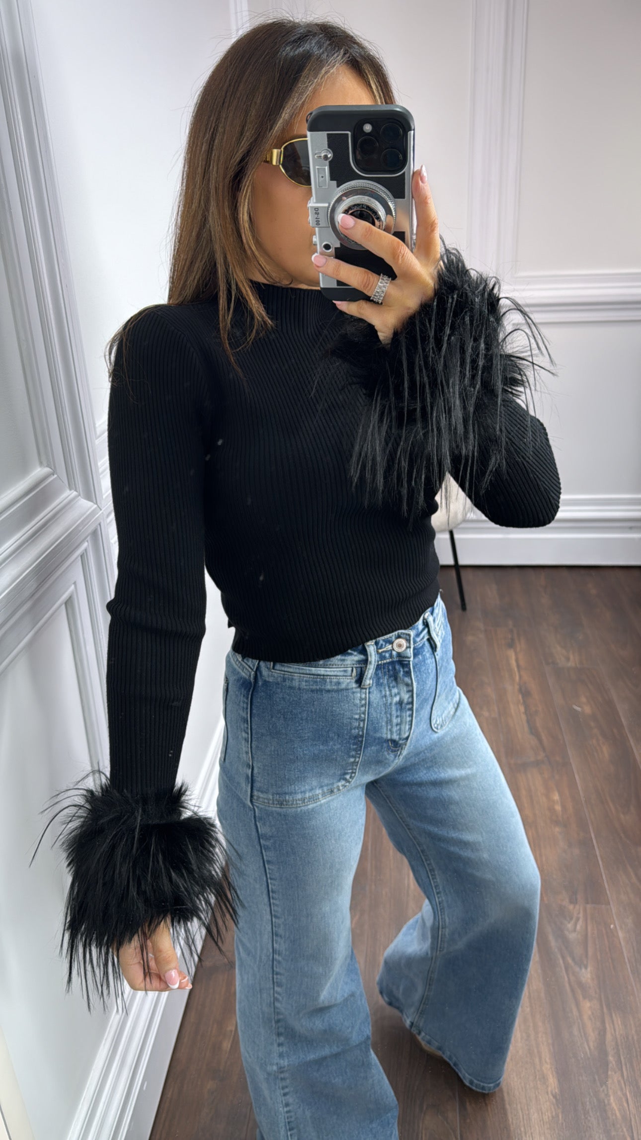 EDELE black fur cuff ribbed top