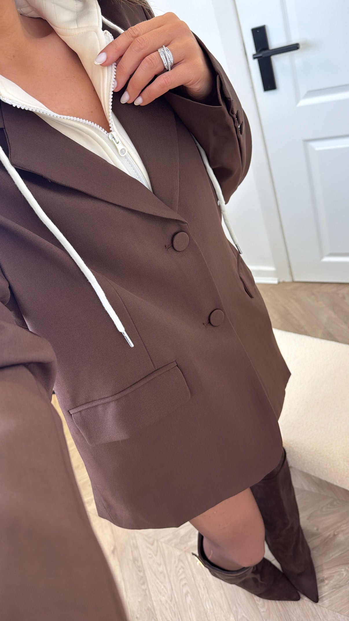 ISLA brown with cream hooded blazer