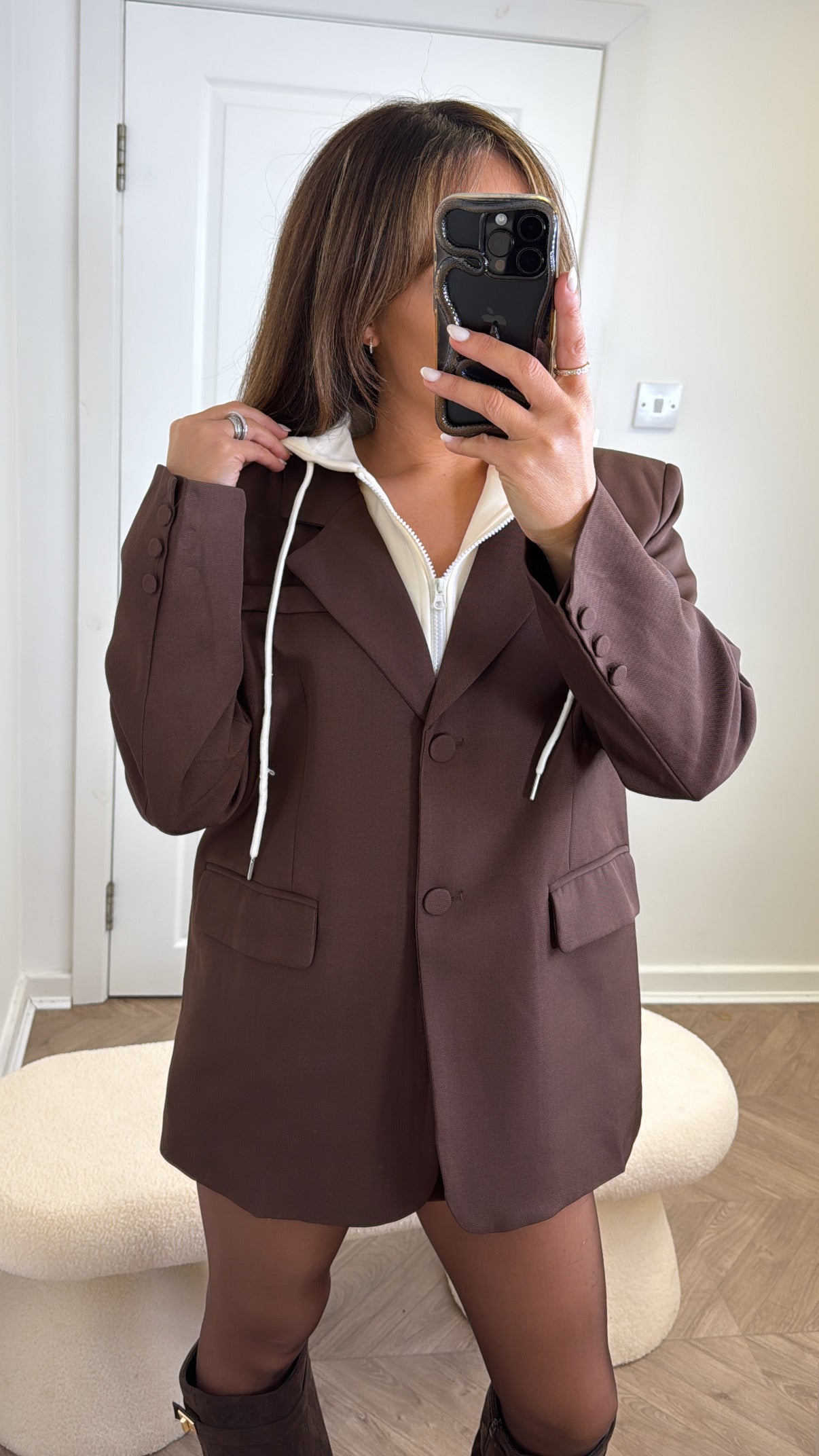 ISLA brown with cream hooded blazer