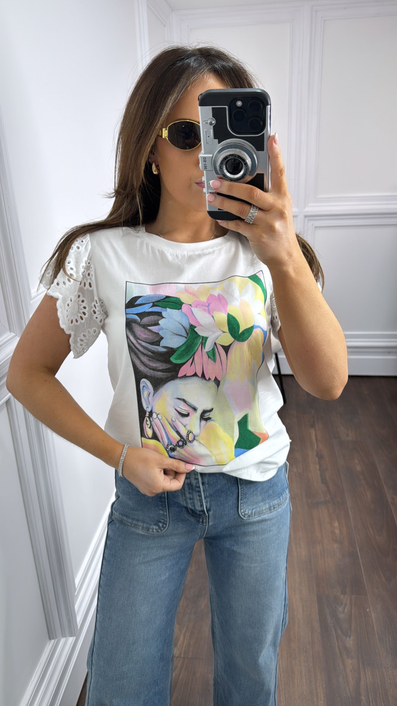 LOLA white printed t-shirt with broderie anglaise sleeve