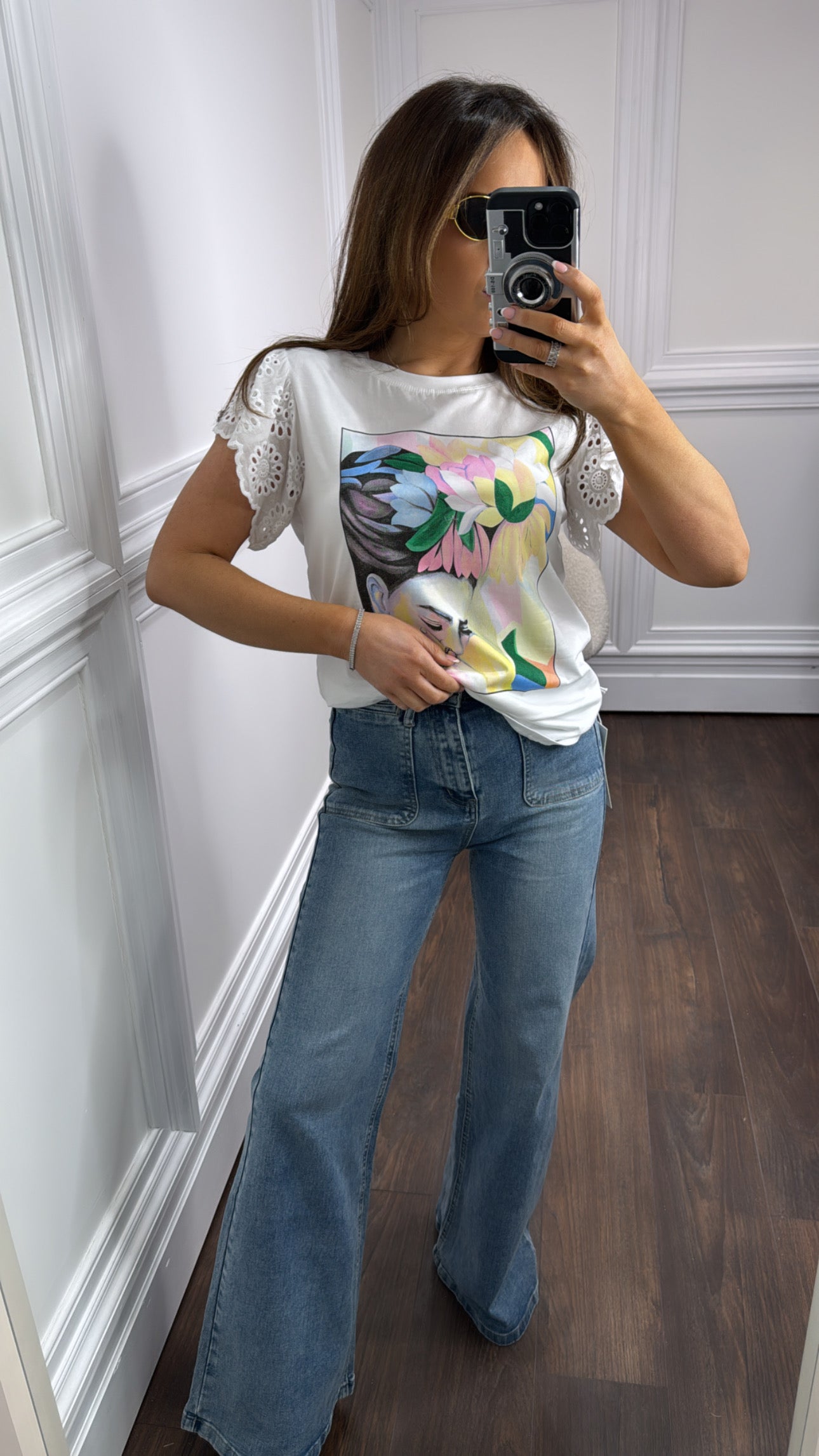 LOLA white printed t-shirt with broderie anglaise sleeve