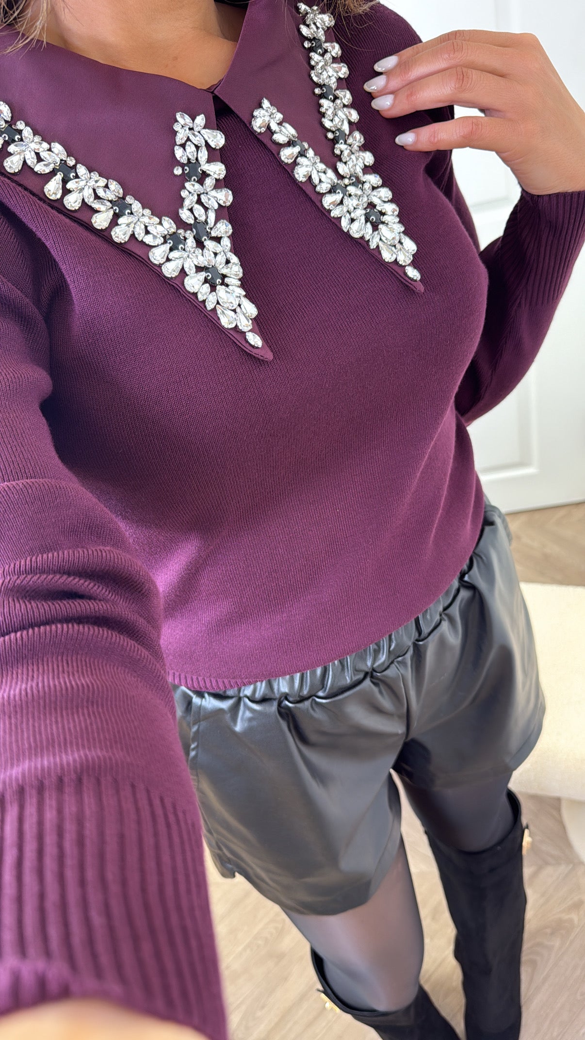 CHLOE plum jumper with jewel detail collar