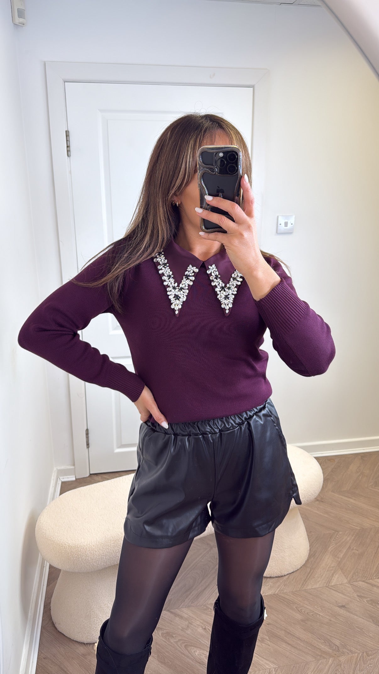 CHLOE plum jumper with jewel detail collar