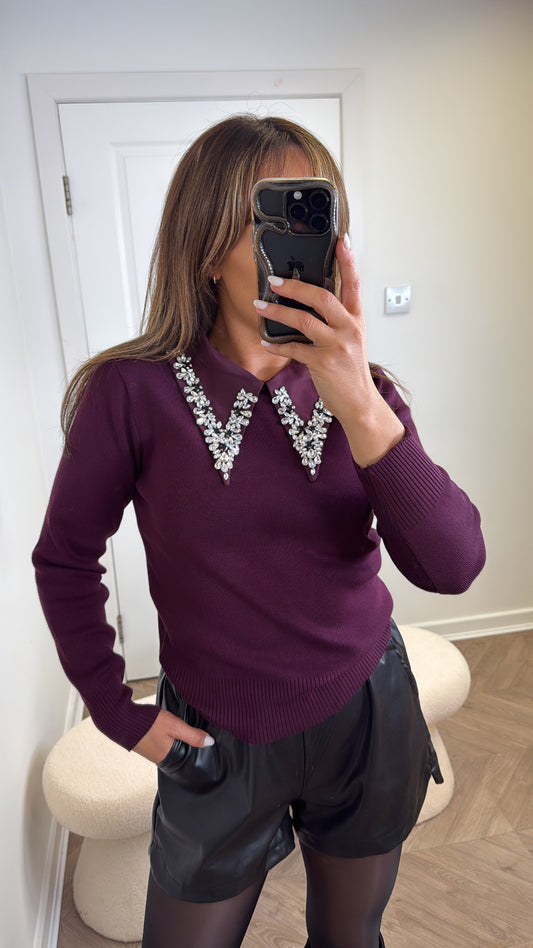 CHLOE plum jumper with jewel detail collar