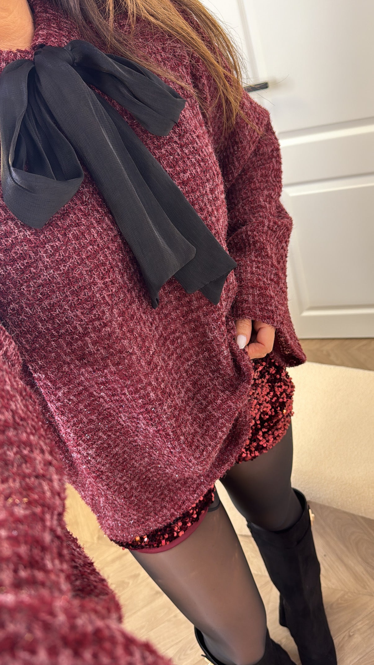 HOPE burgundy woven jumper with tie neck