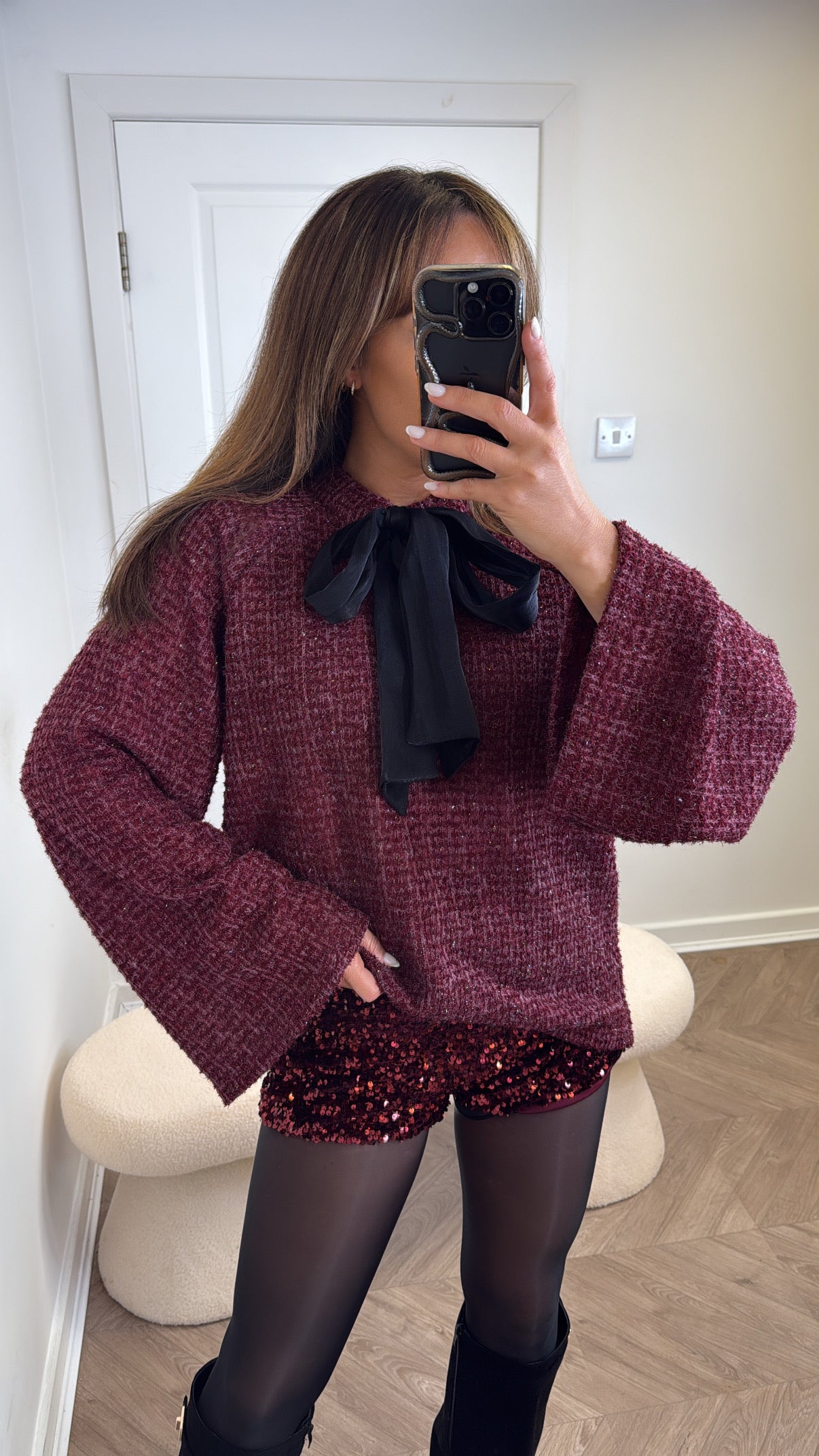 HOPE burgundy woven jumper with tie neck