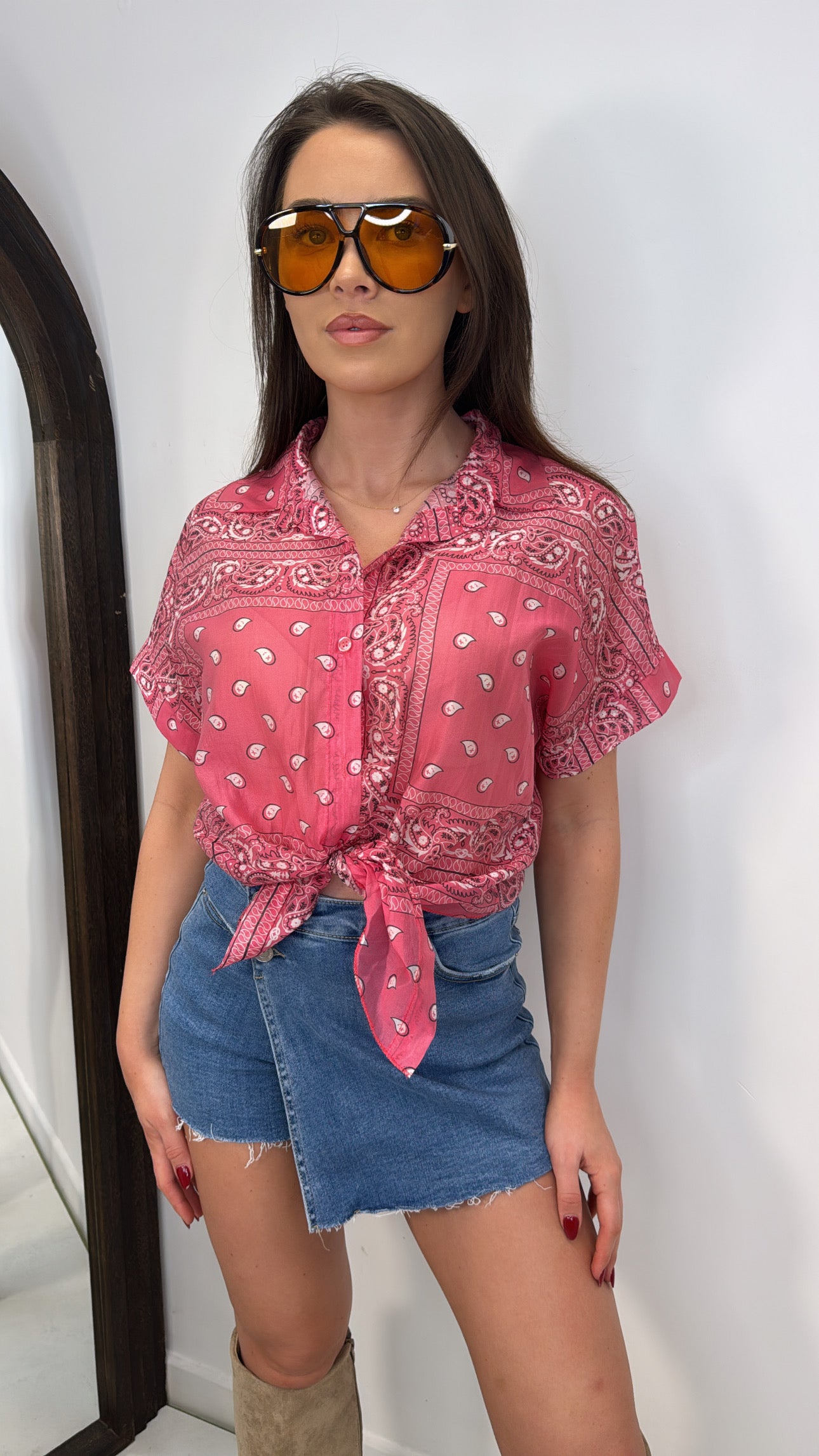 PARIS pink sheer twist front shirt