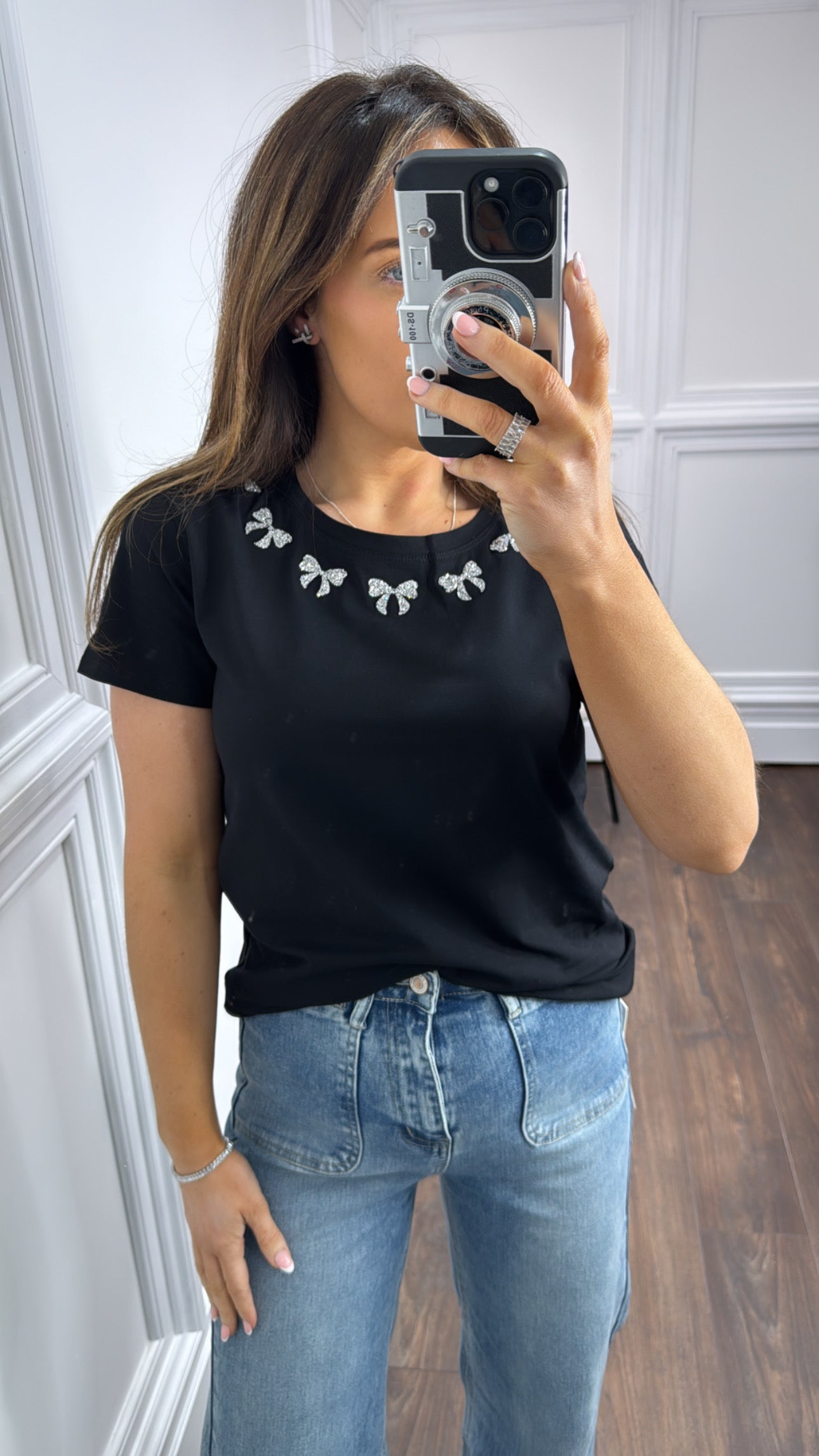 ELLA black bow embellished t-shirt