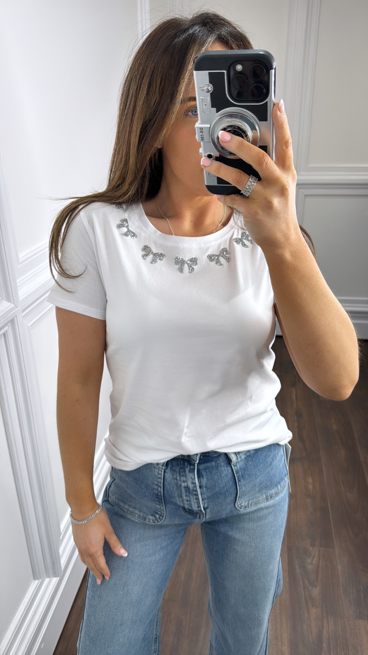 ELLA white bow embellished t-shirt