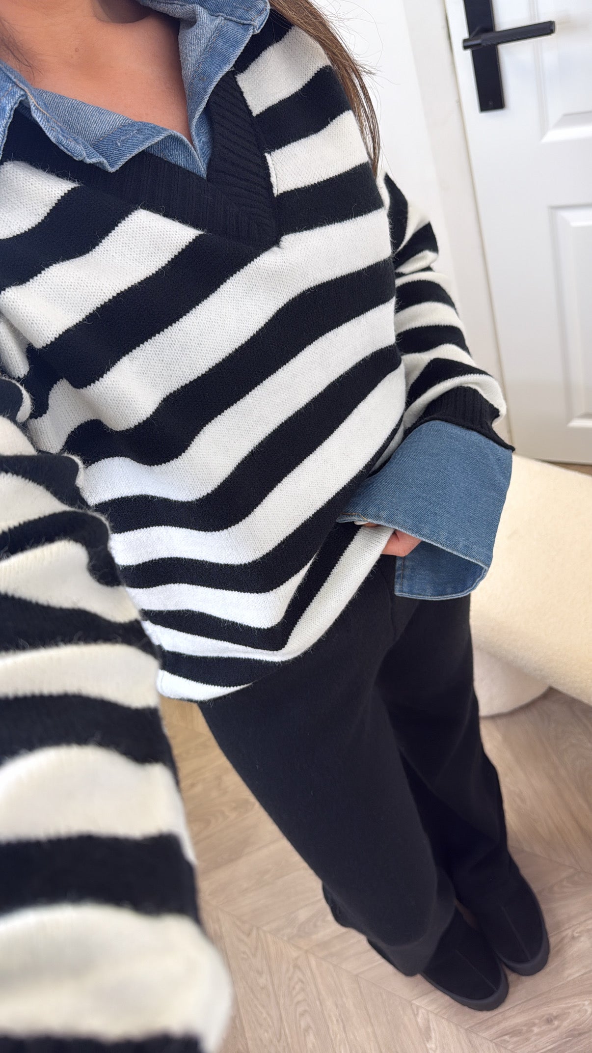 KRISTEN black stripe knitted top and trousers co-ord