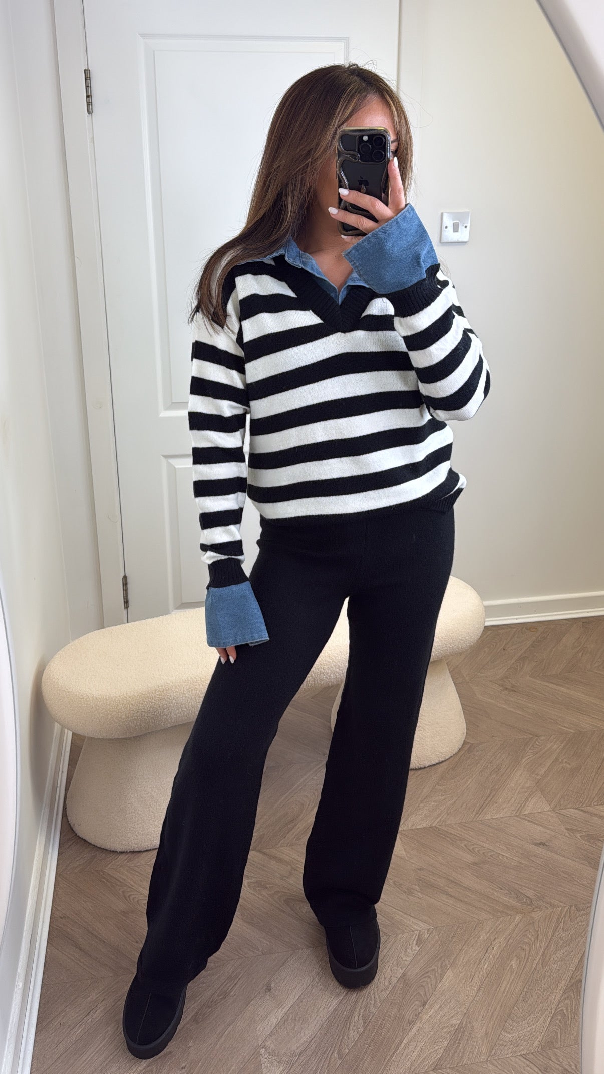 KRISTEN black stripe knitted top and trousers co-ord