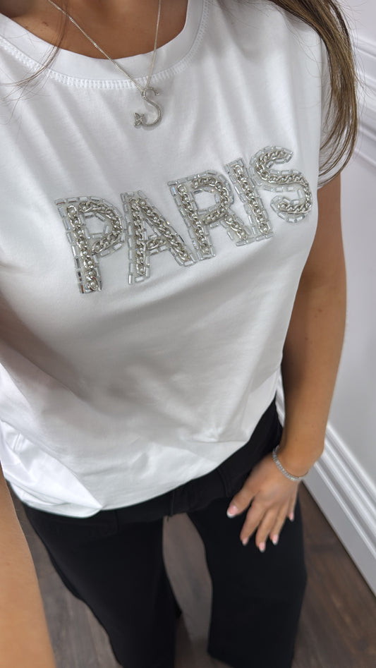 PARIS white chain and jewel embellished t-shirt