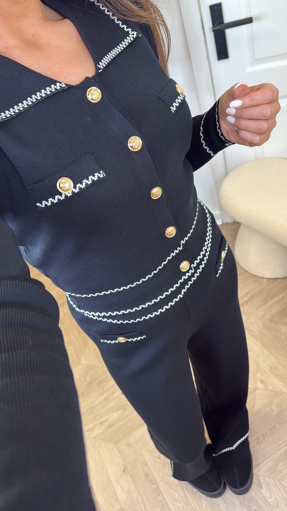 LILLIAN black fine knit co-ord with gold buttons