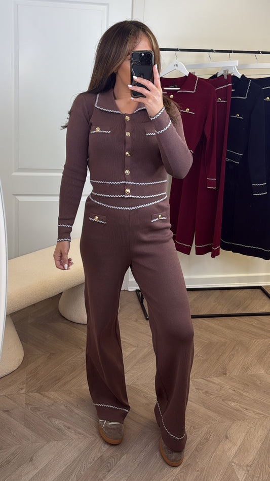 LILLIAN brown fine knit co-ord with gold buttons
