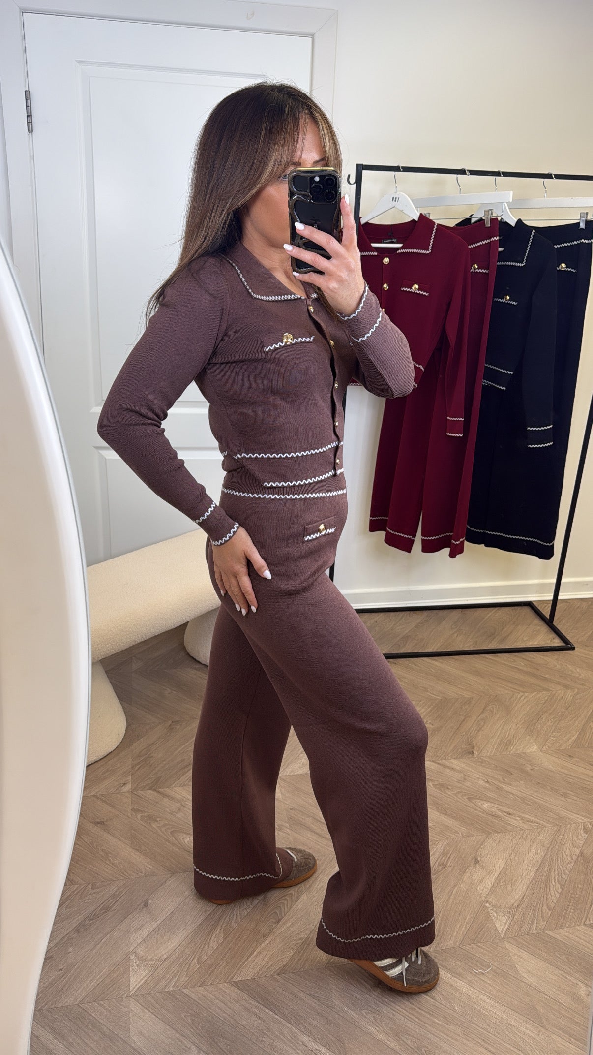 LILLIAN brown fine knit co-ord with gold buttons