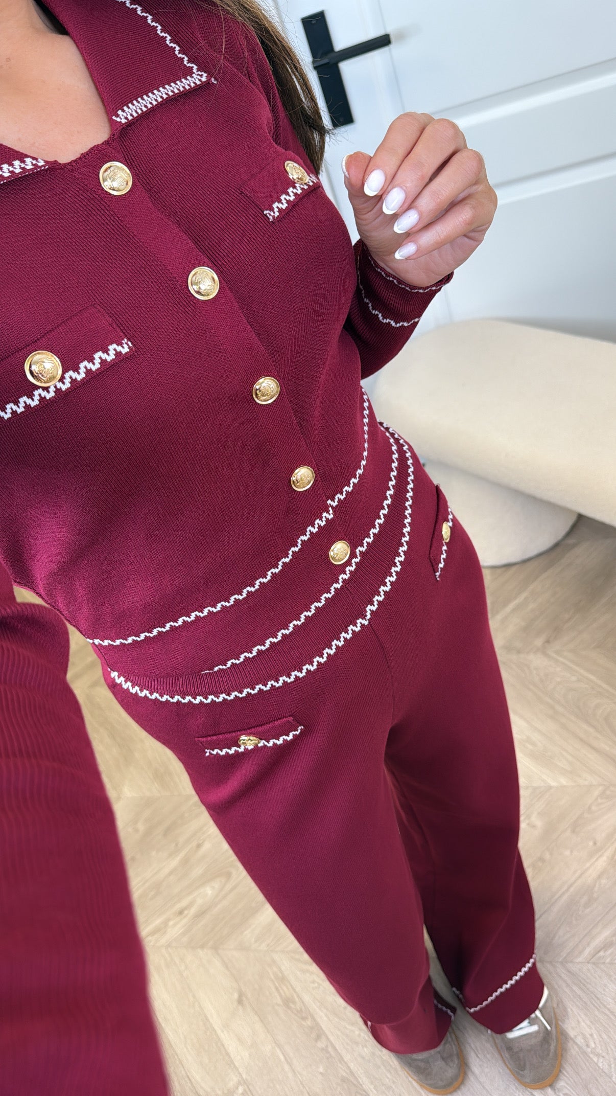 LILLIAN burgundy fine knit co-ord with gold buttons