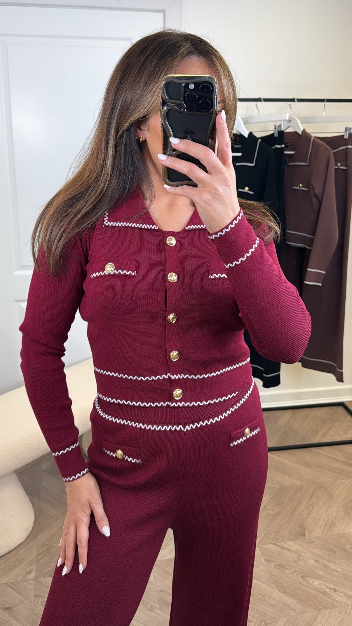 LILLIAN burgundy fine knit co-ord with gold buttons