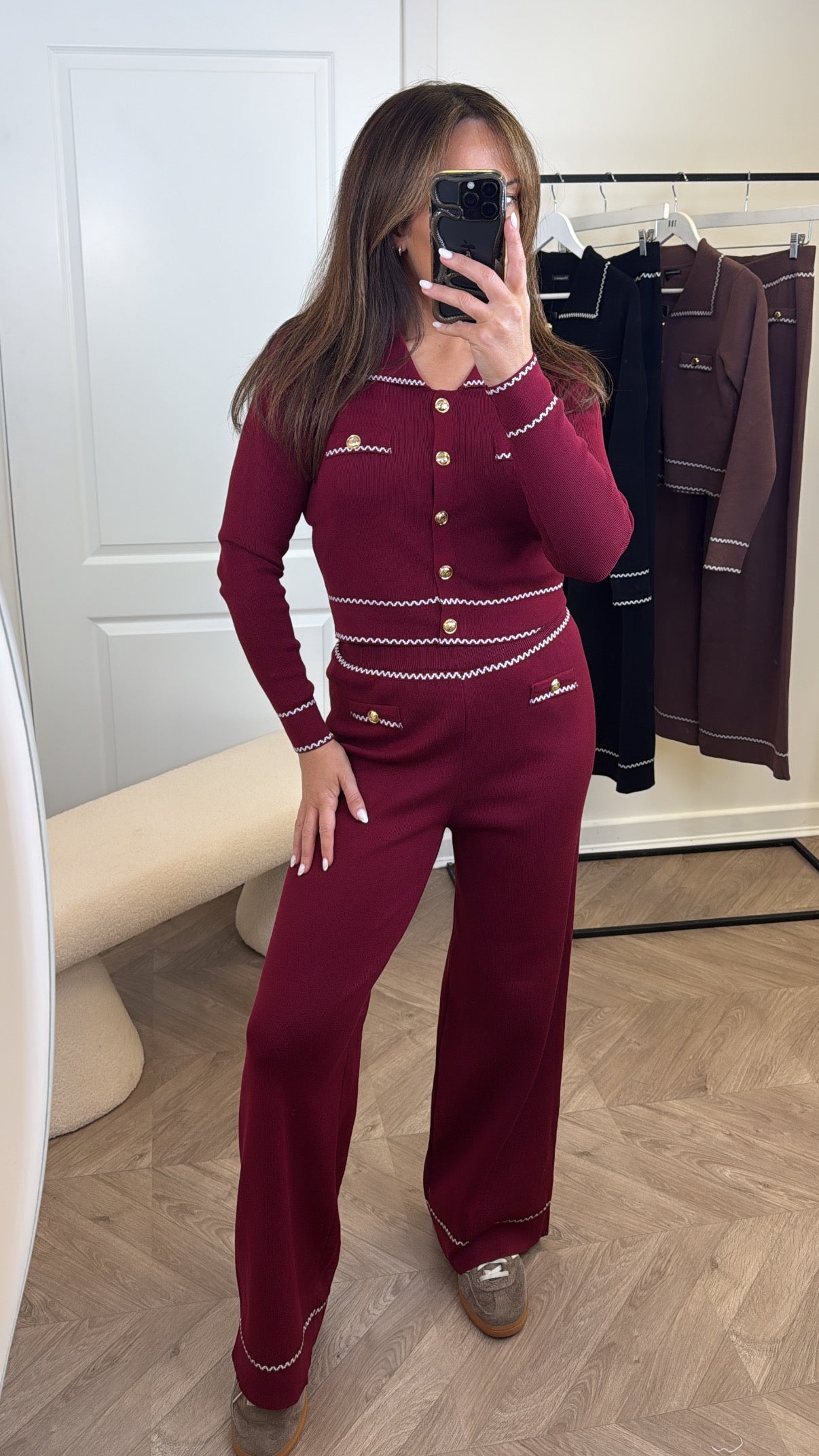 LILLIAN burgundy fine knit co-ord with gold buttons