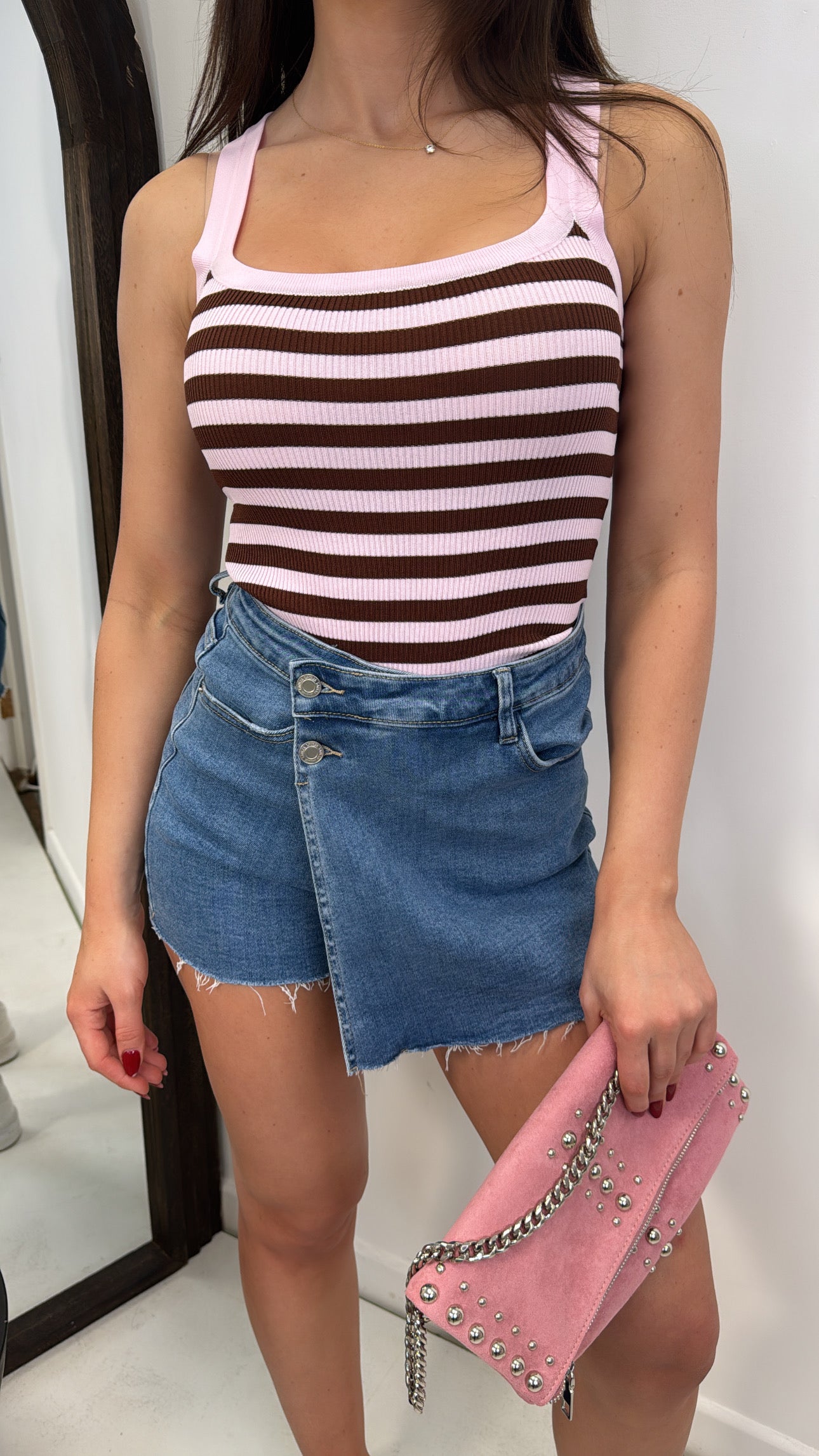 MICHELLE pink and brown striped knit vest top