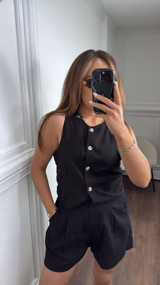MELANIE black linen look waist jacket and shorts co-ord