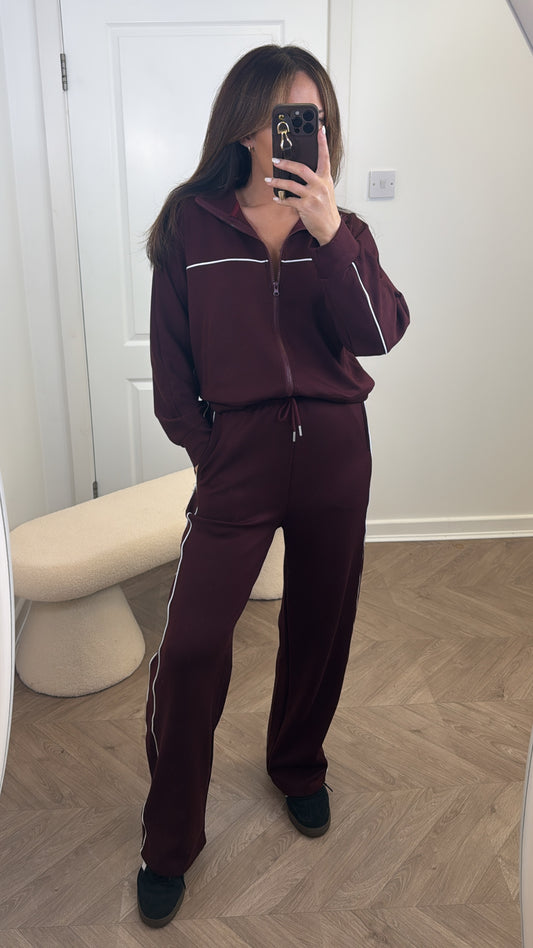 BOBBI burgundy zip up lounge set