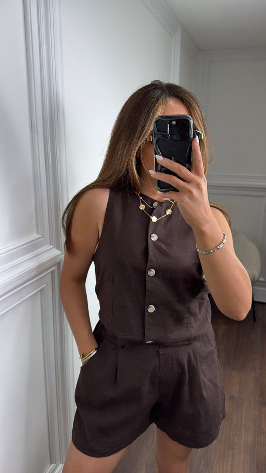 MELANIE brown linen look waist jacket and shorts co-ord