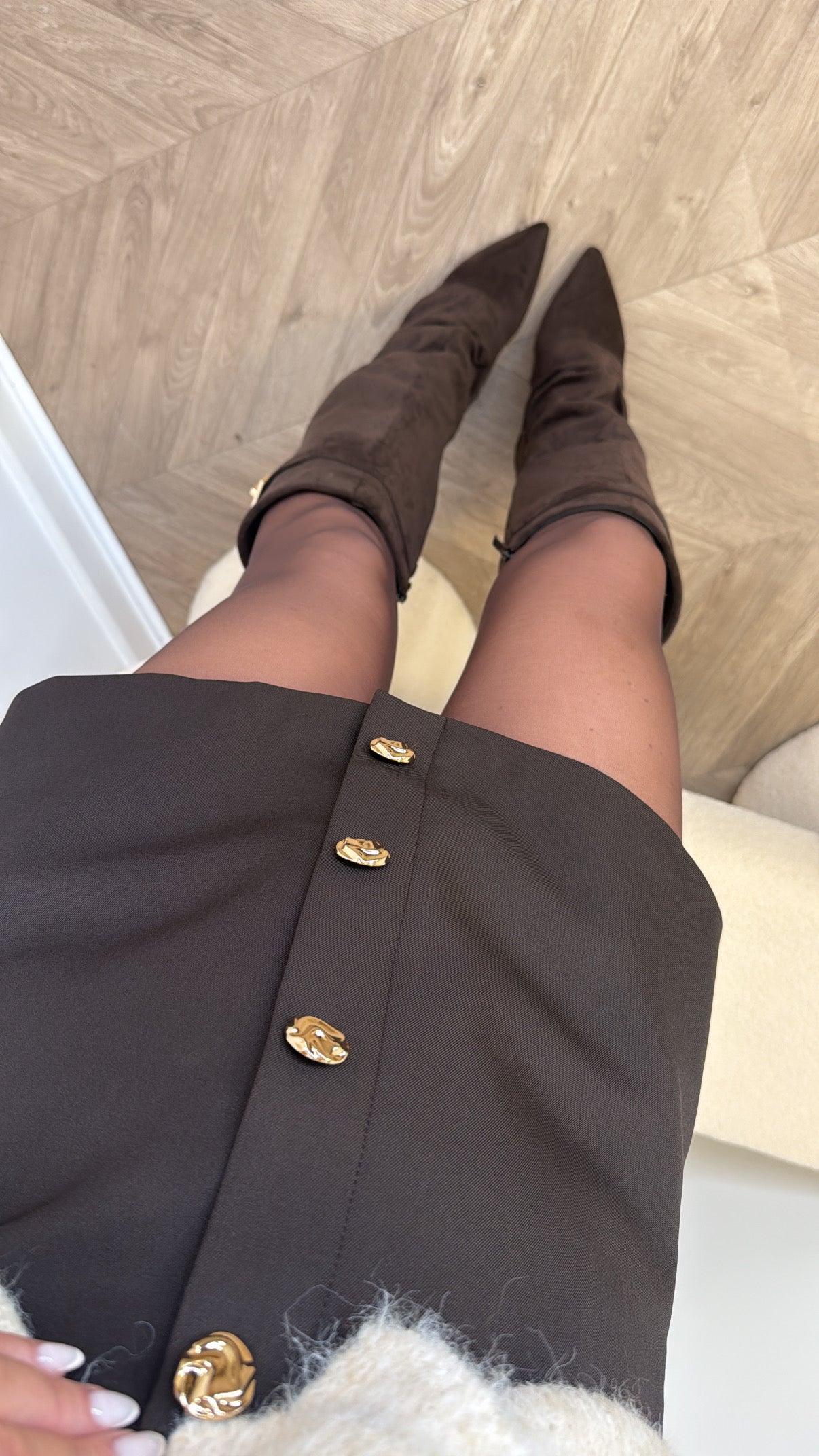 LAURA brown tailored skort with gold buttons