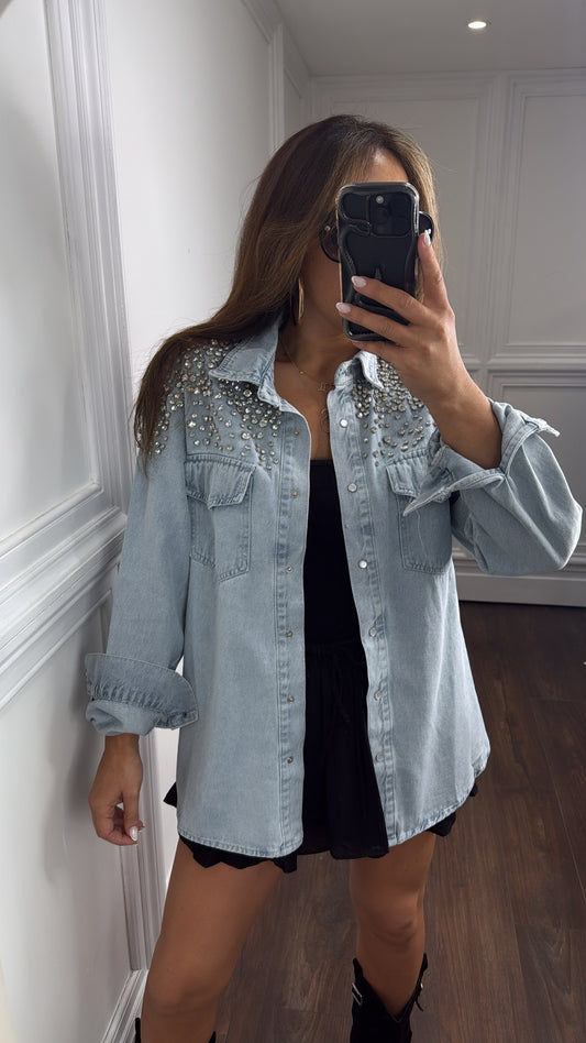 SONIA denim luxe embellished jewel oversized shacket
