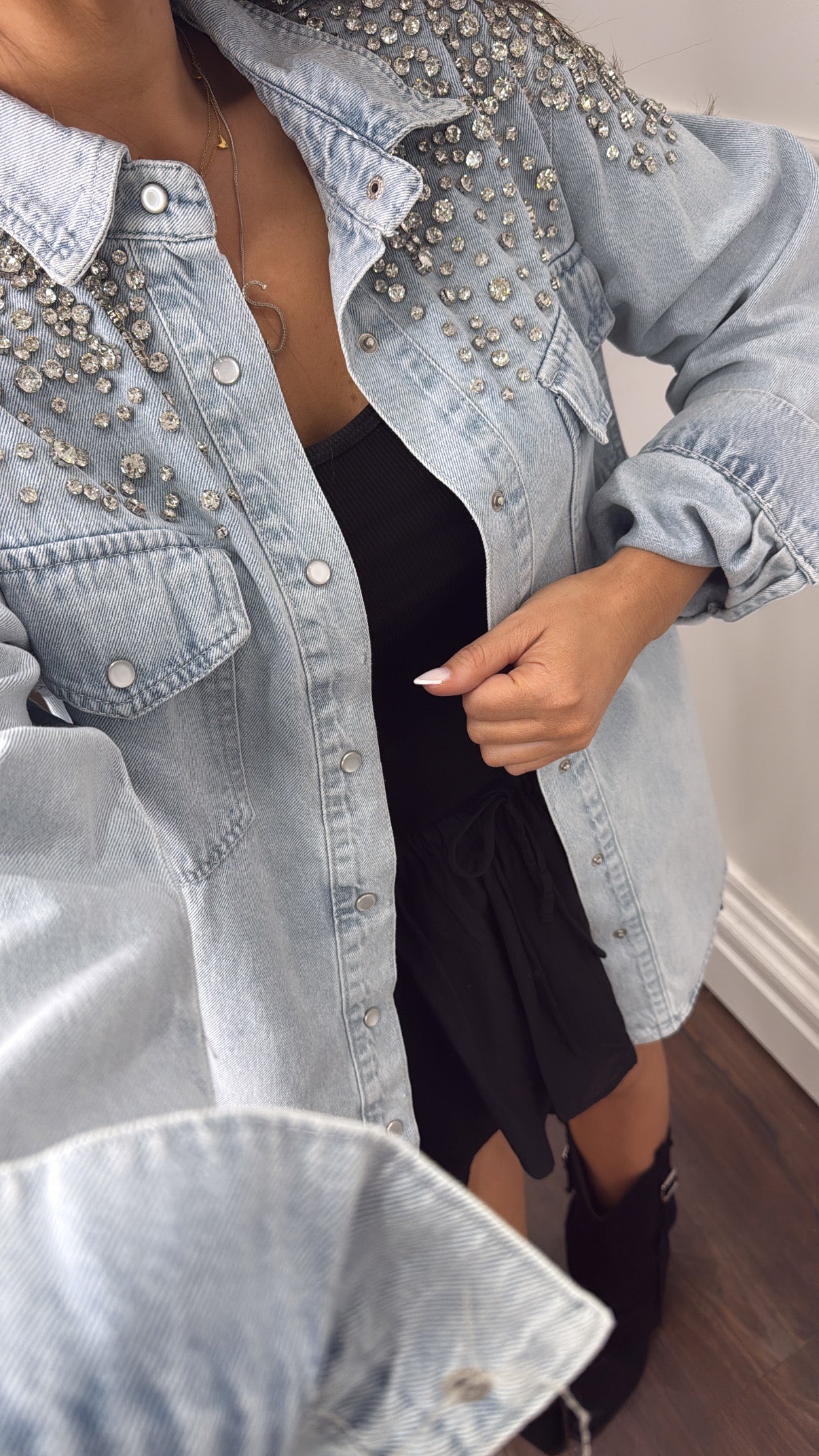 SONIA denim luxe embellished jewel oversized shacket