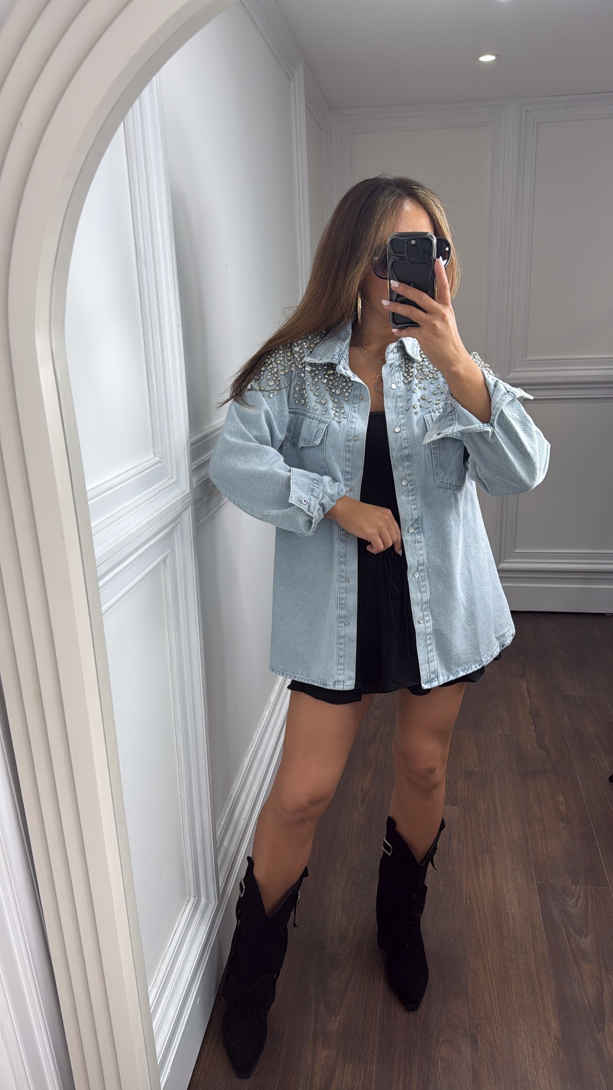 SONIA denim luxe embellished jewel oversized shacket