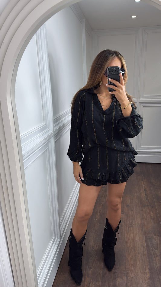 PIXIE black cheesecloth skort co-ord