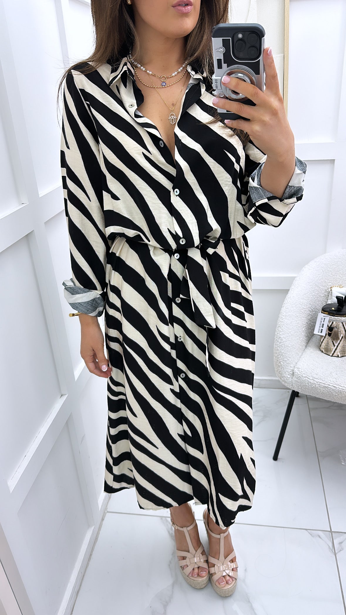 AMAYA black & cream zebra print midi shirt dress