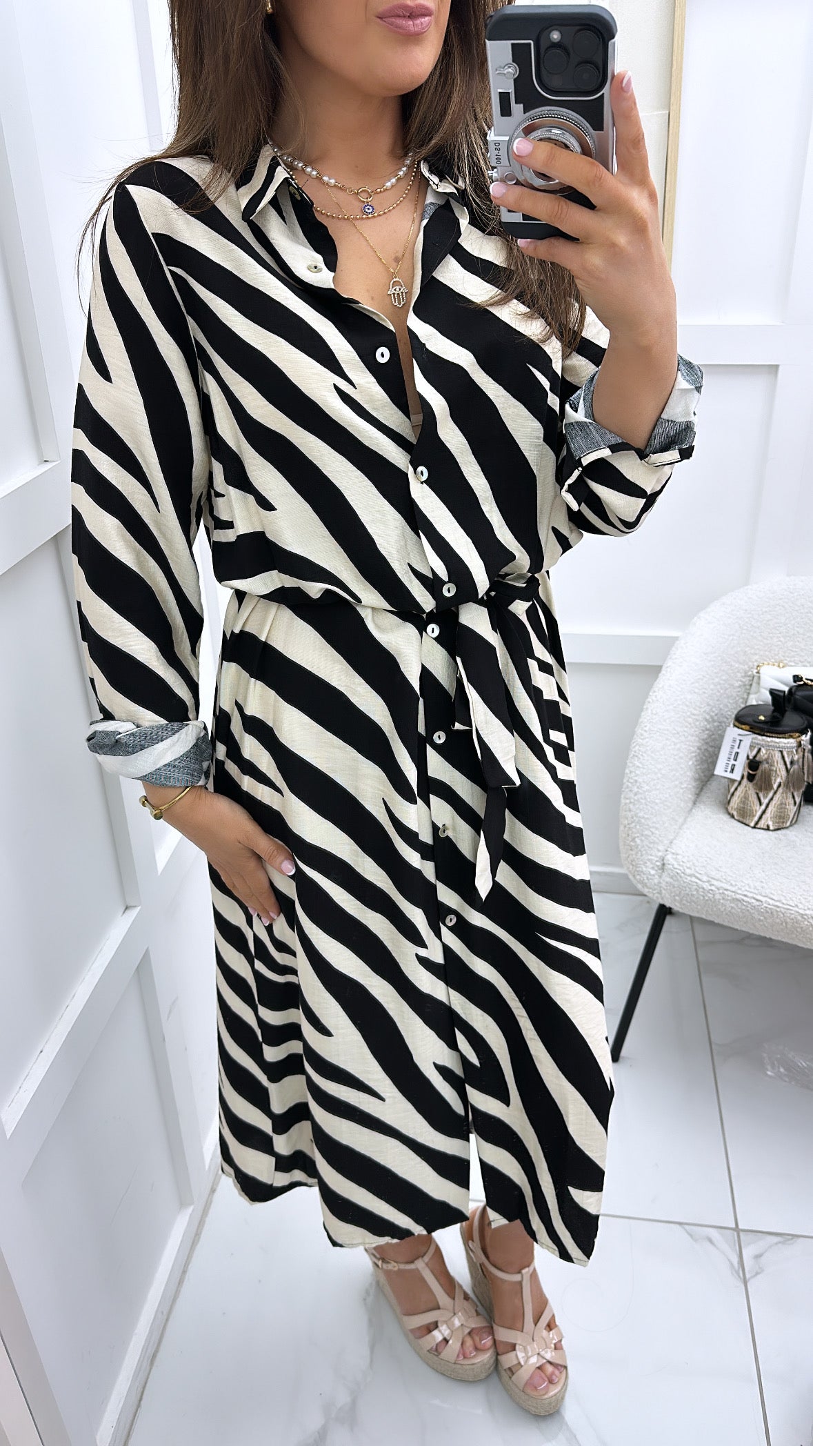 AMAYA black & cream zebra print midi shirt dress