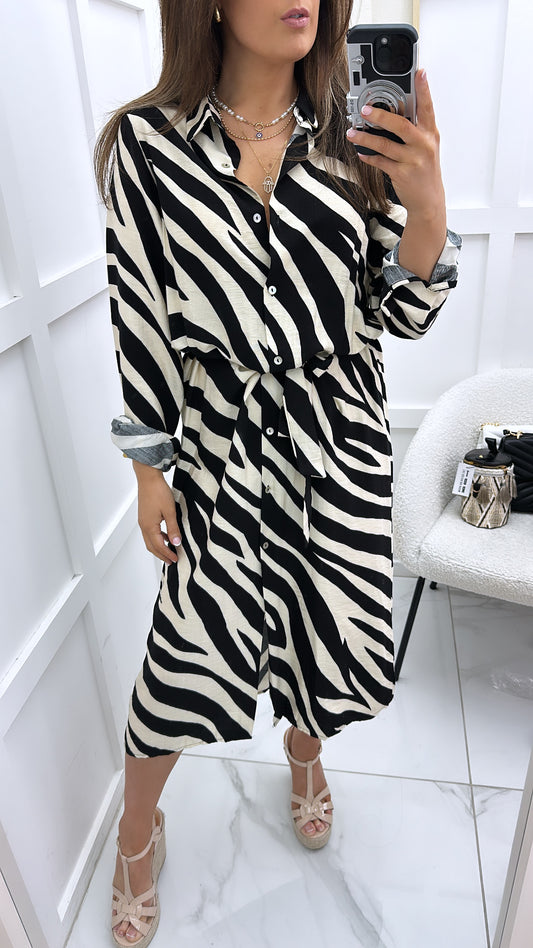 AMAYA black & cream zebra print midi shirt dress