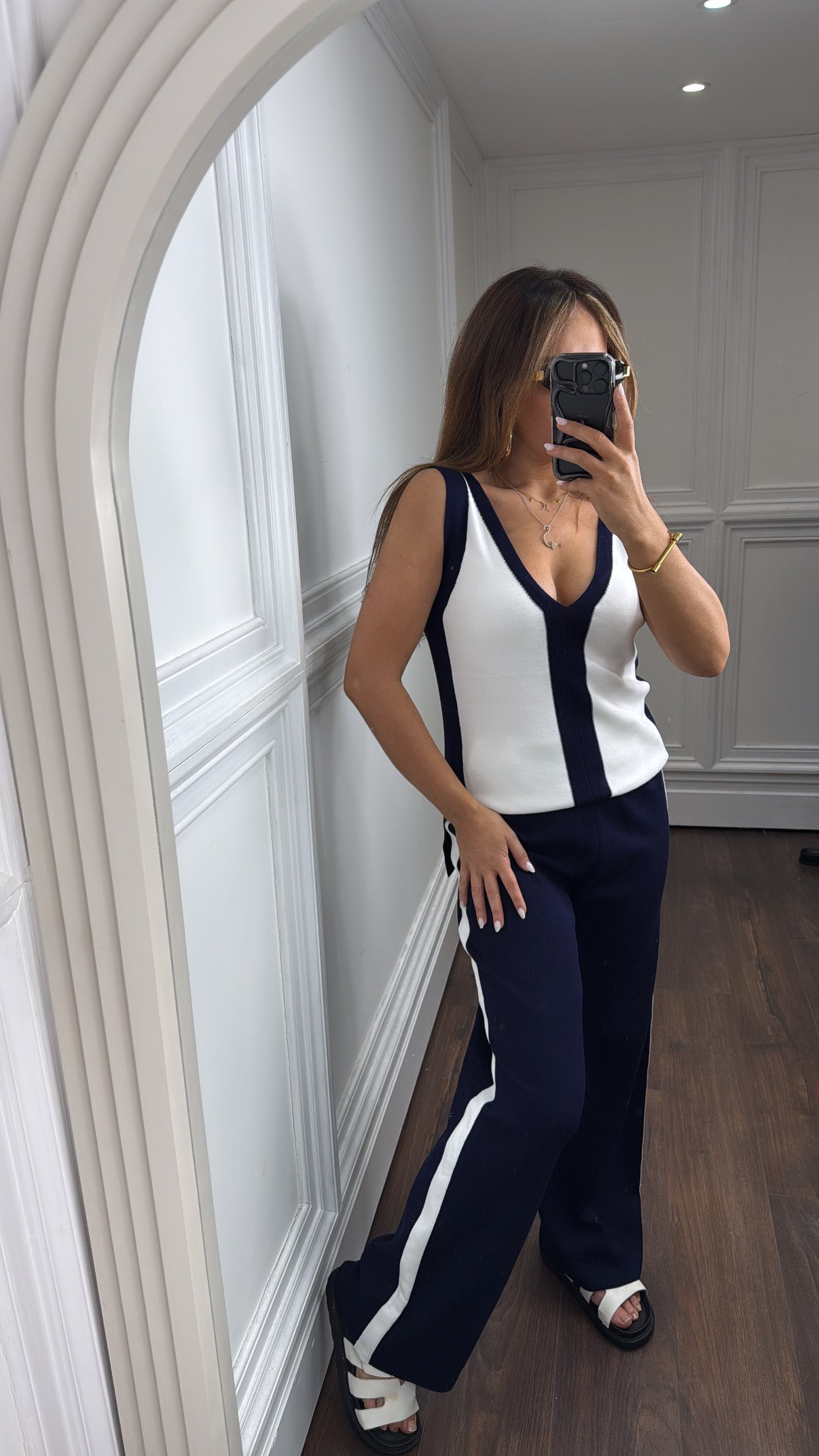 LEESA navy contrast panel knitted lounge co-ord