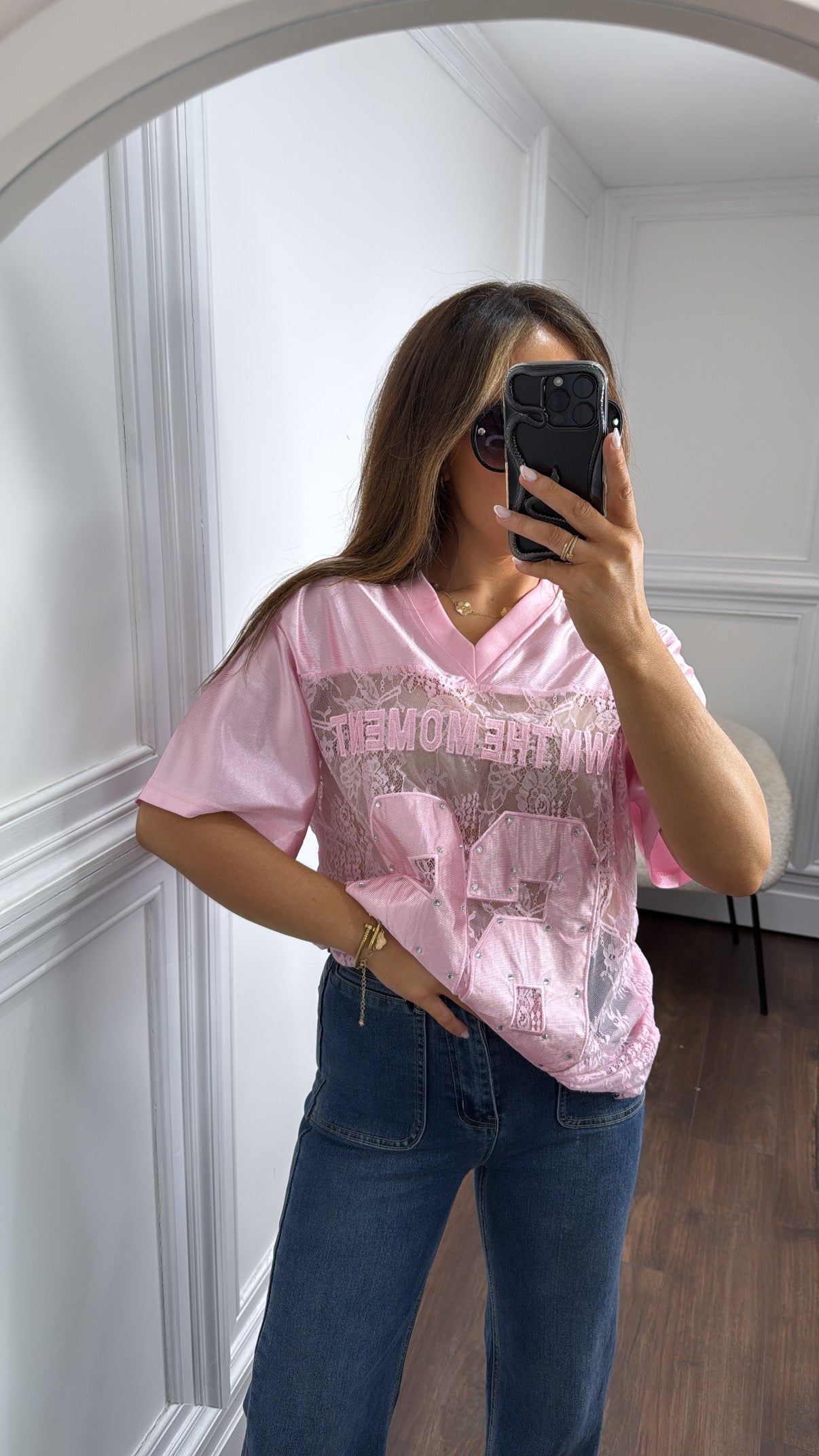 OWN THE MOMENT pink lace basketball top