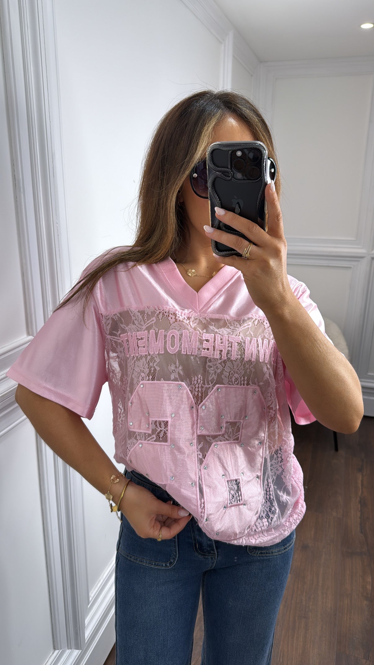 OWN THE MOMENT pink lace basketball top