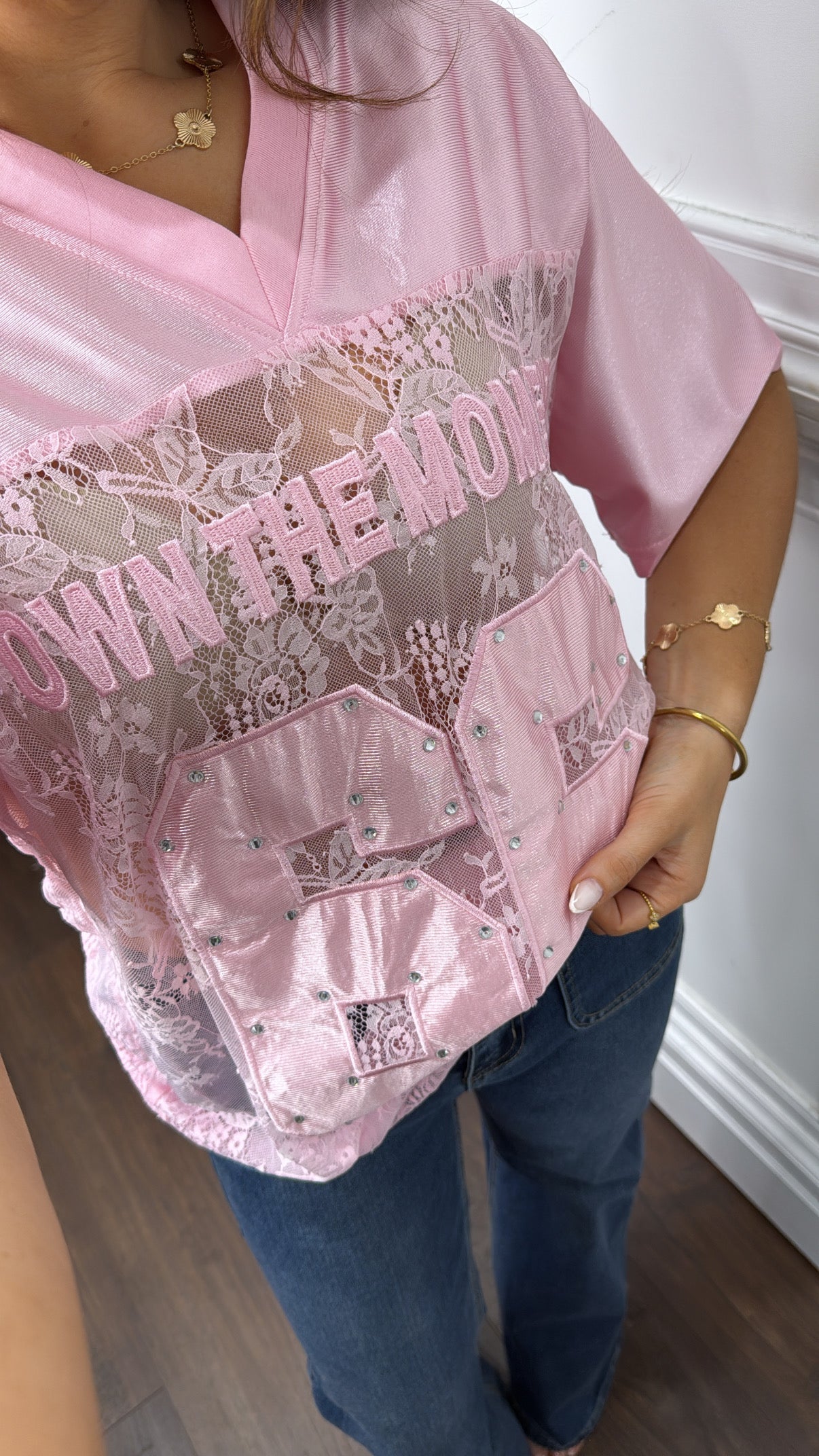 OWN THE MOMENT pink lace basketball top