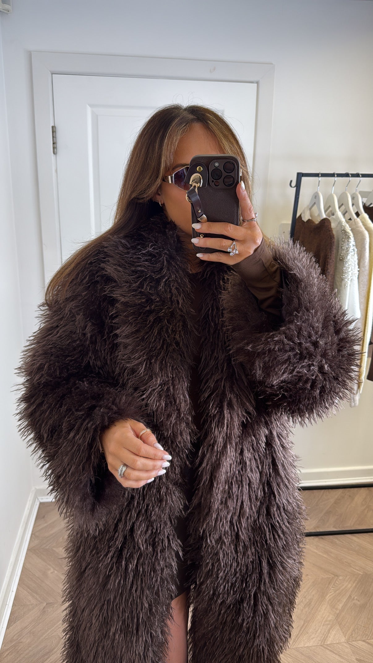 KHLOE brown oversize long faux fur coat