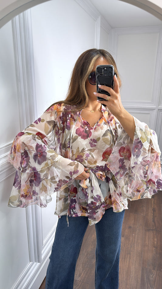 LENNOX cream sheer floral ruffle blouse