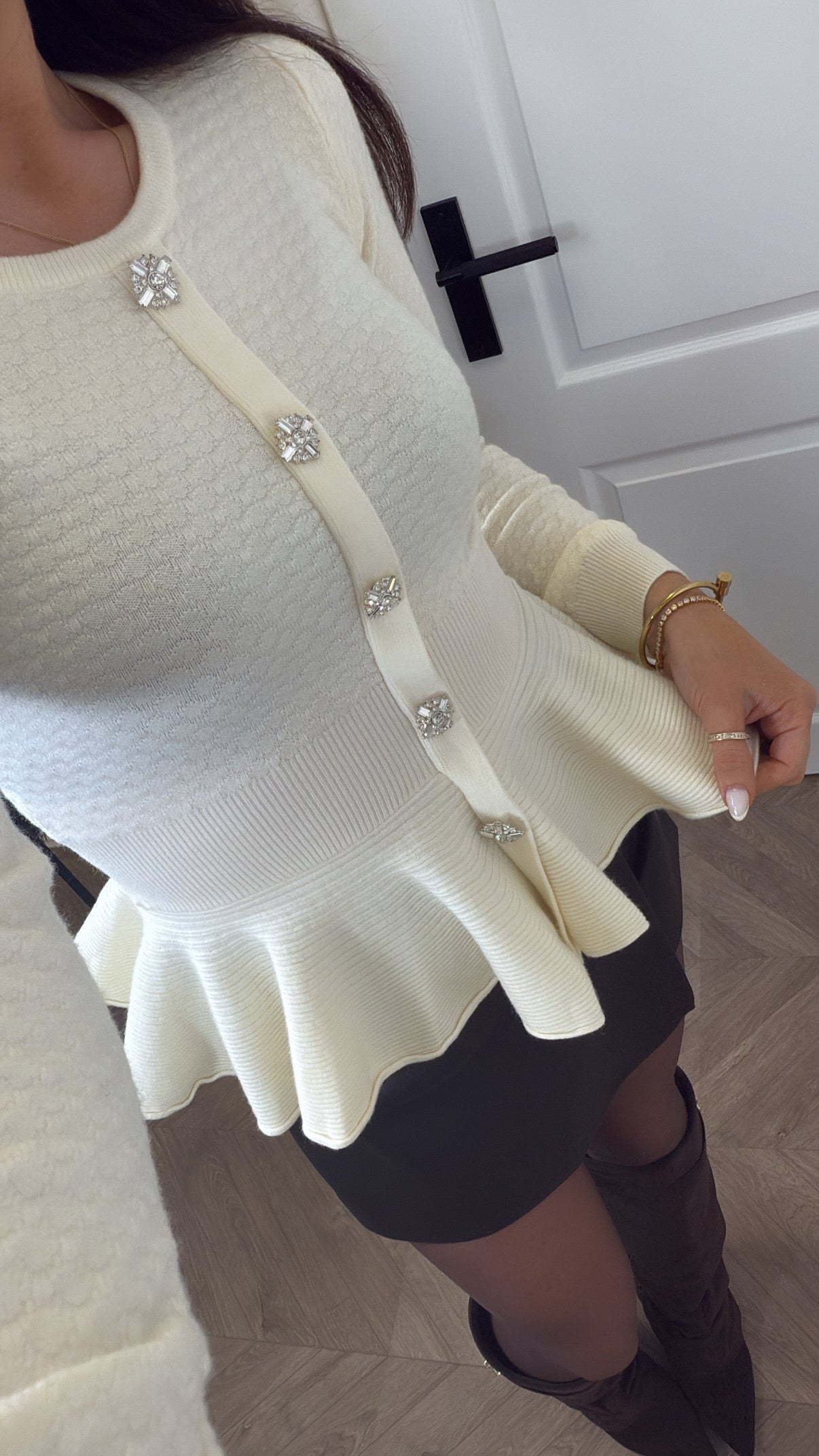 ELIZABETH cream textured jumper with diamante buttons